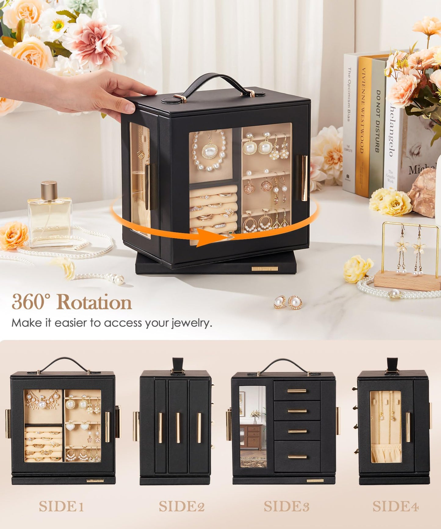 Homde Jewelry Box for Women Large: Rotating Organizer for Ring Earring Necklace Bracelet - 7 Drawers Storage for Dresser (Black)