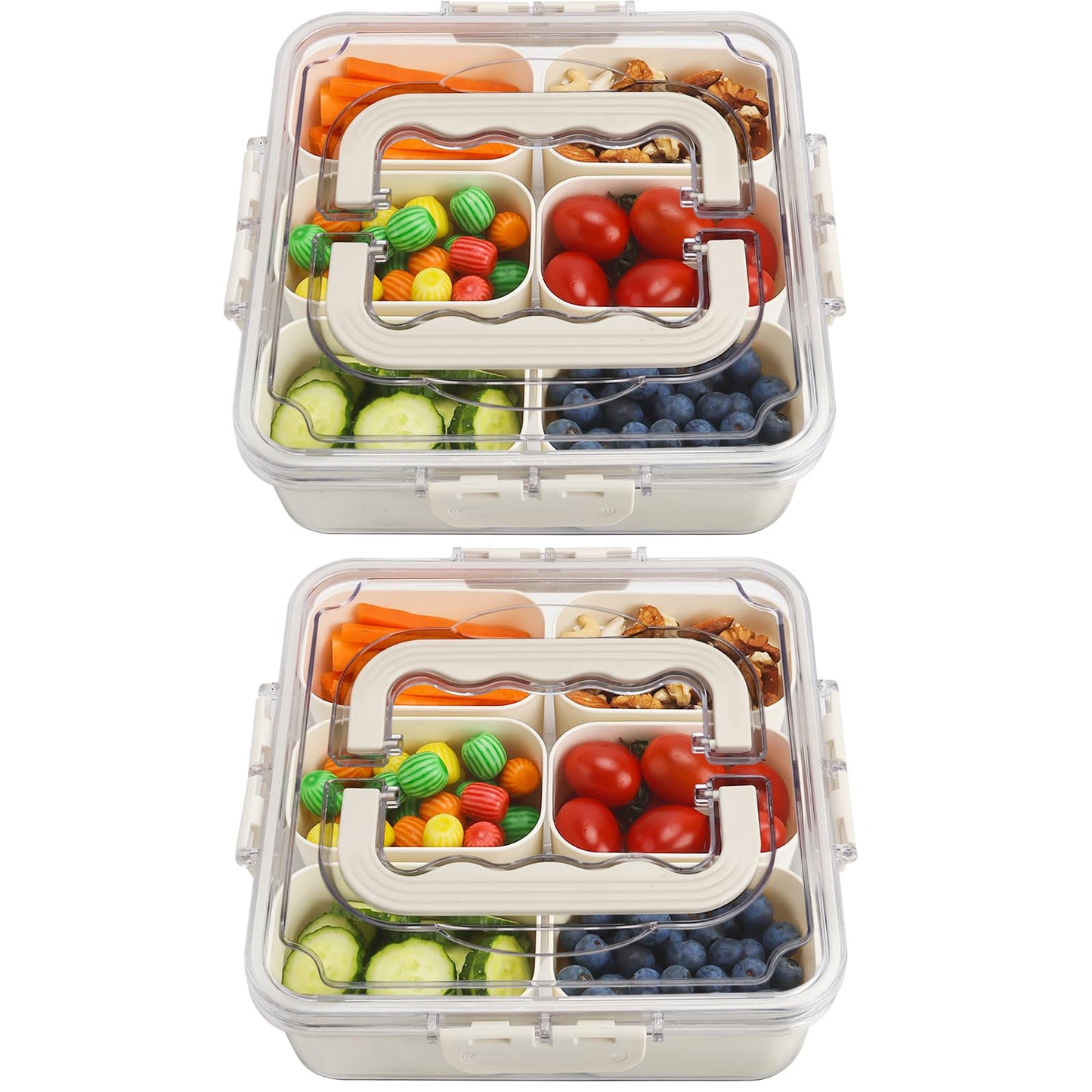 Divided Serving Tray with Lid and Handle, Portable Snack Box Container, 6 Compartments Veggie Fruit Snackle Tray, Charcuterie Platter Container for Party, Nuts, Snacks, Picnic,2 Pack, MEDIUM SIZE