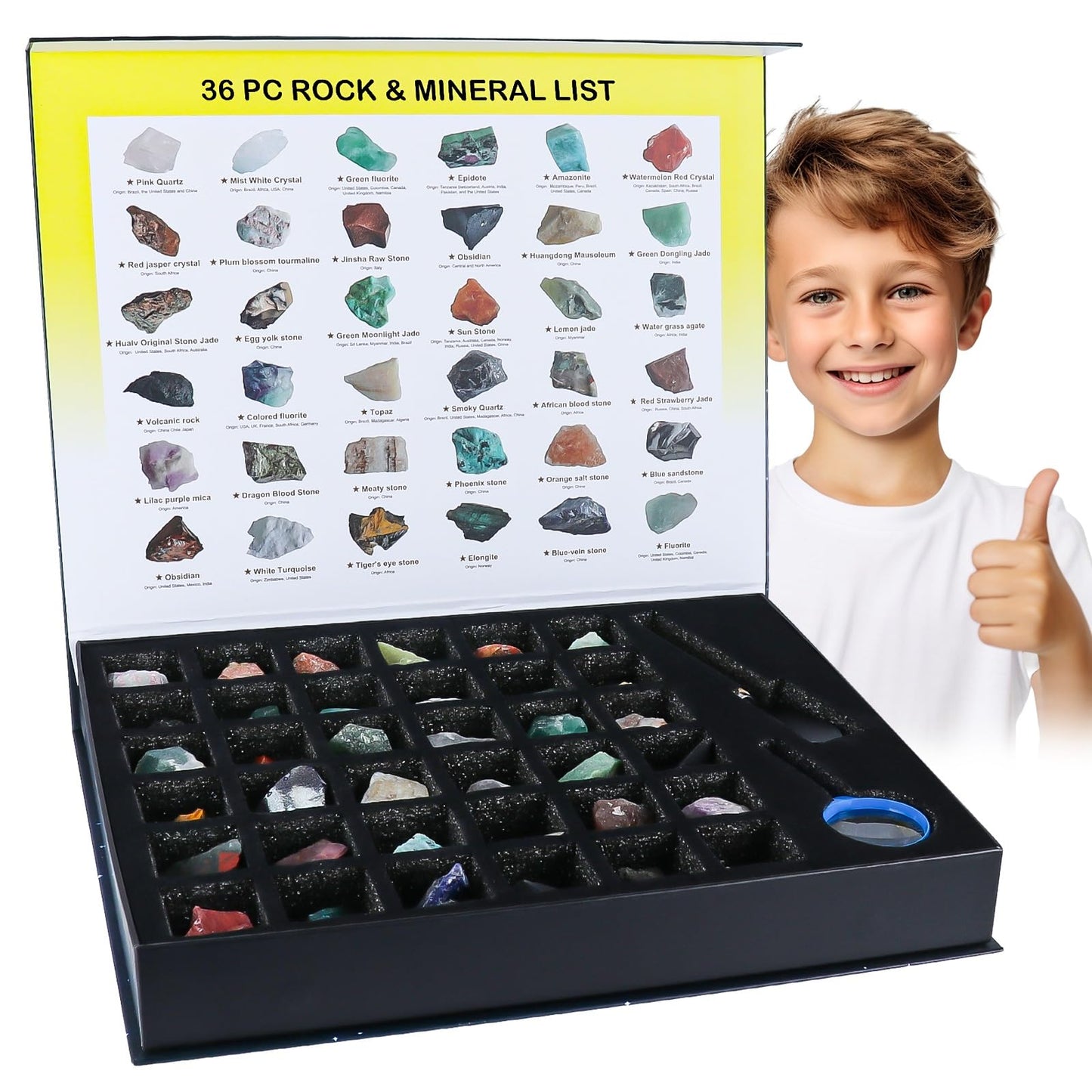 BTYCityMao Rock Collection for Kids - 36pc Cool Rocks and Gems Stones Crystals Kit - Rocks and Minerals Science Kit with Learning Guide - Earth Science Activity Kit - Rock Collection Box for Kids
