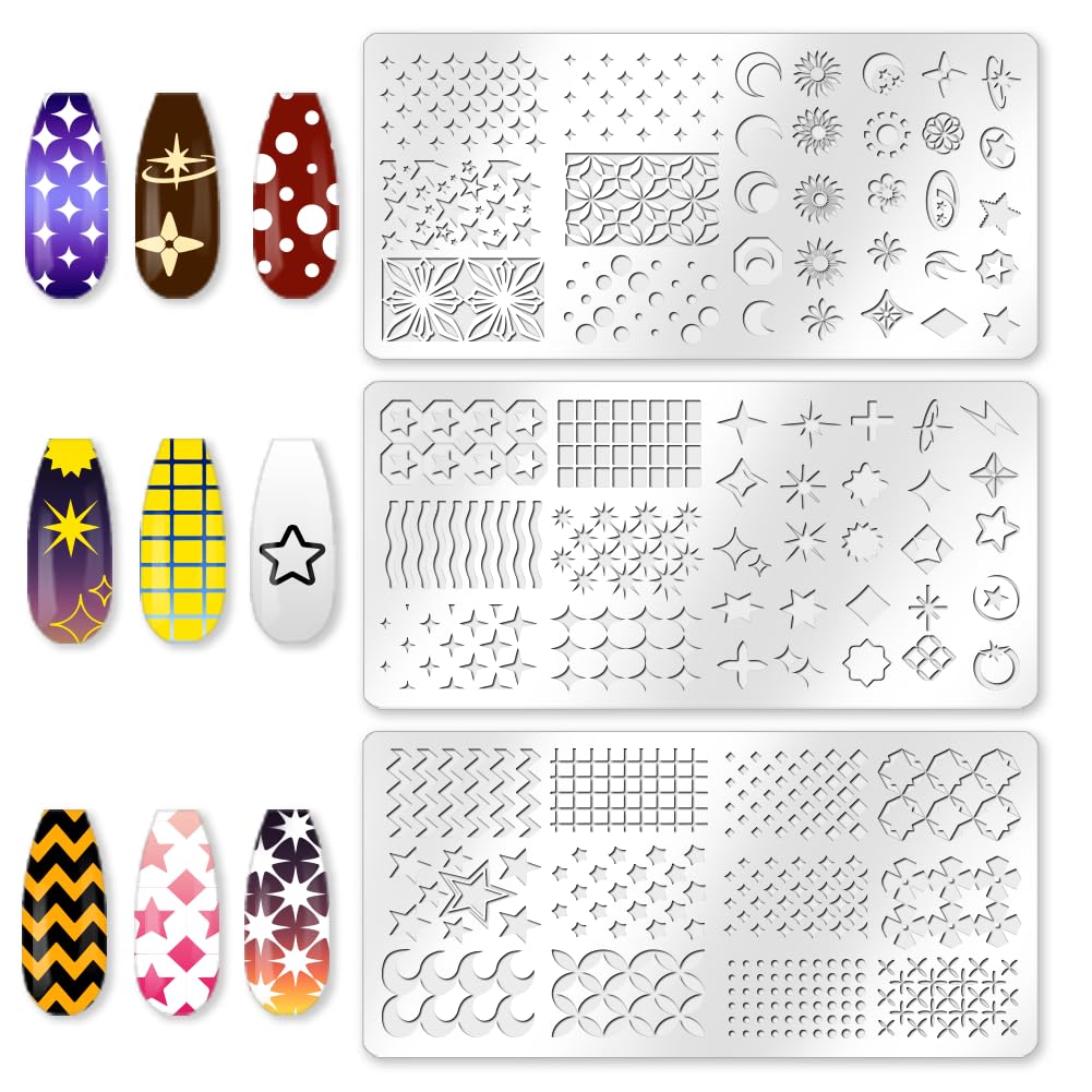 benikmake 3pcs Star Moon Nail Stamp Template Star Gradient Nail Printing Stainless Stencil for Manicure Salon Classic Elements 6x12cm 2.36x4.7inch