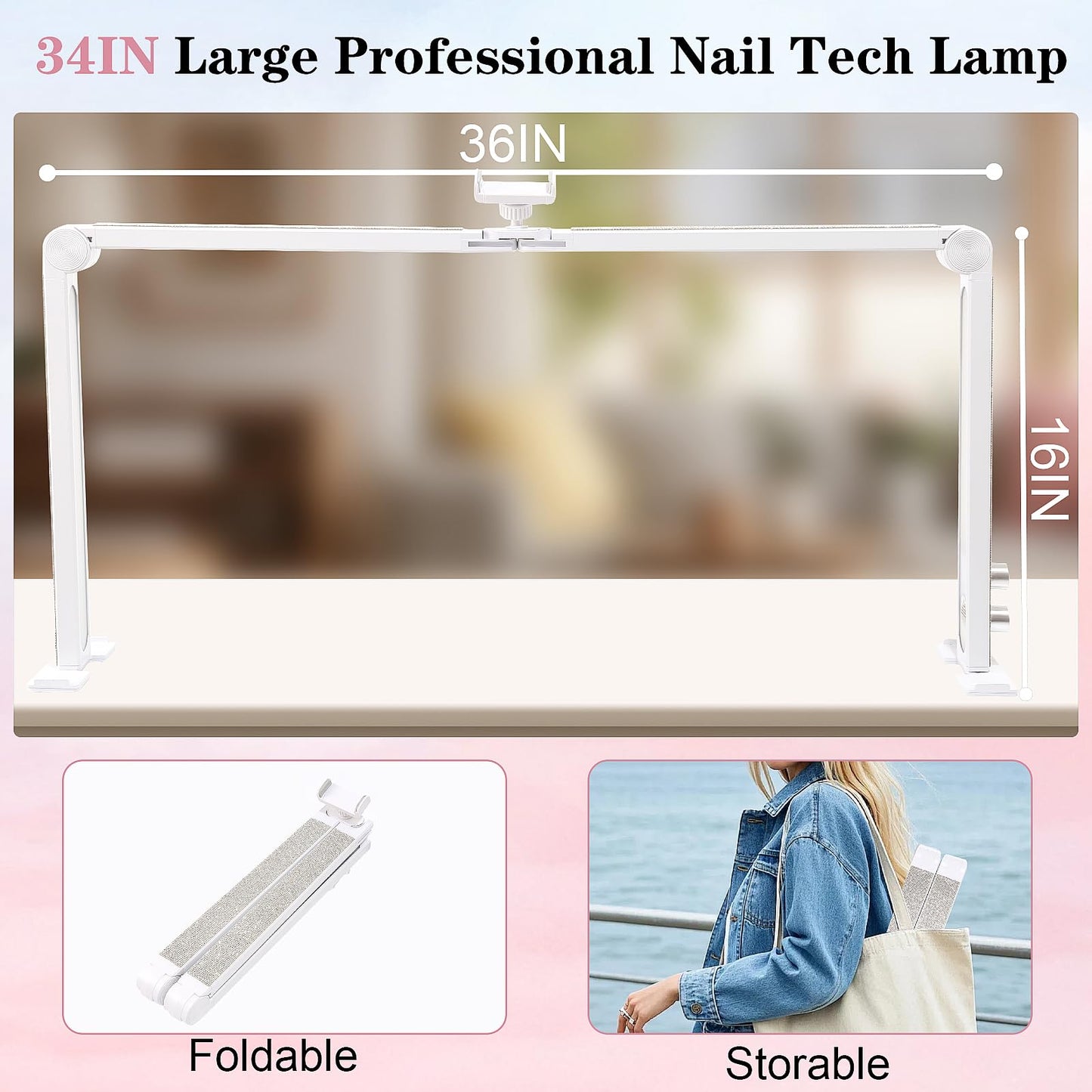 Ciyebst Nail Tech Lamp for Desk, 34 in Large Half Moon Light with Phone Holder, 48W Brightness Adjustable Lash ARC Light for Manicure, Tattoo, Spa, Salon, 3000K-6000K LED Manicure Lamp