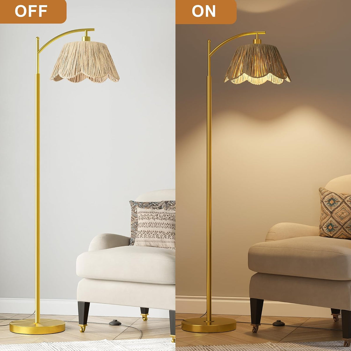 Oneach Arc Floor Lamp for Living Room,Rattan Boho Floor Lamp with Hand-Woven Wicker Shade, Foot Switch,Gold Metal Base & Pole,Farmhouse Standing Lamp for Bedroom Corner,Reading