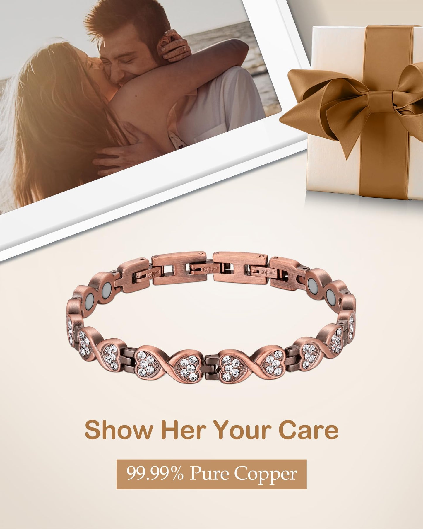 Feraco Copper Bracelet for Women Hand Forged 99.99% Solid Pure Copper Magnetic Bracelets with Pro Neodymium Magnets (Infinite Symbol Zirconia)