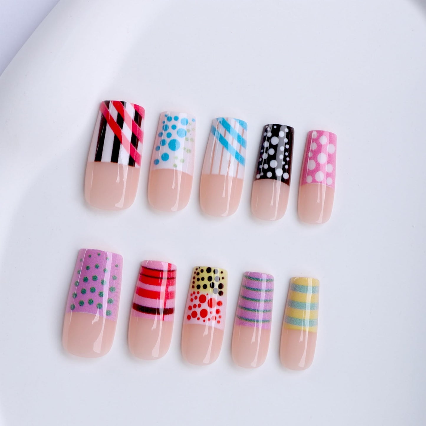 Long Press on Nails Square Fake Nails Multicolor Artificial Nail with Polka Dot Striped French Tip Beach Stick on Nail for Women 24pcs