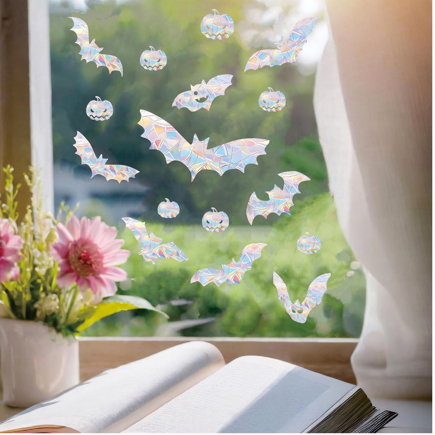 54PCS Halloween Bat Window Stickers Prevent Birds from Hitting Windows, Rainbow Sun Catcher Stickers No Glue Required, Non-Adhesive Reusable Vinyl Rainbow Stickers