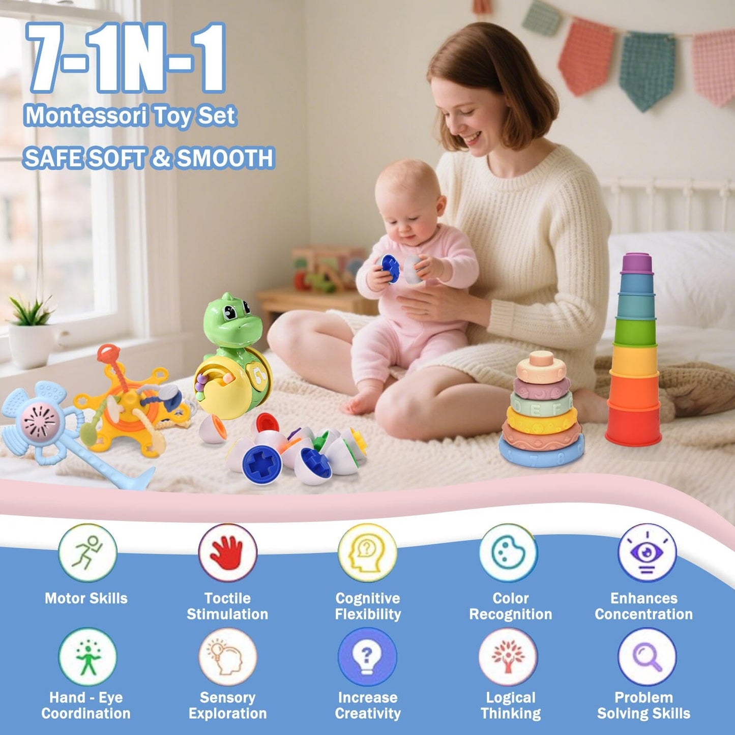 Montessori Baby Toys 6-9 12-18 Month,7-in-1 Sensory Infant Teething Toys for 6-12 Month,Stacking Blocks Cups Ring Matching Eggs Pull String Suction Cup Toy for Babies 6-12+ Months,1 Year old Baby Gift