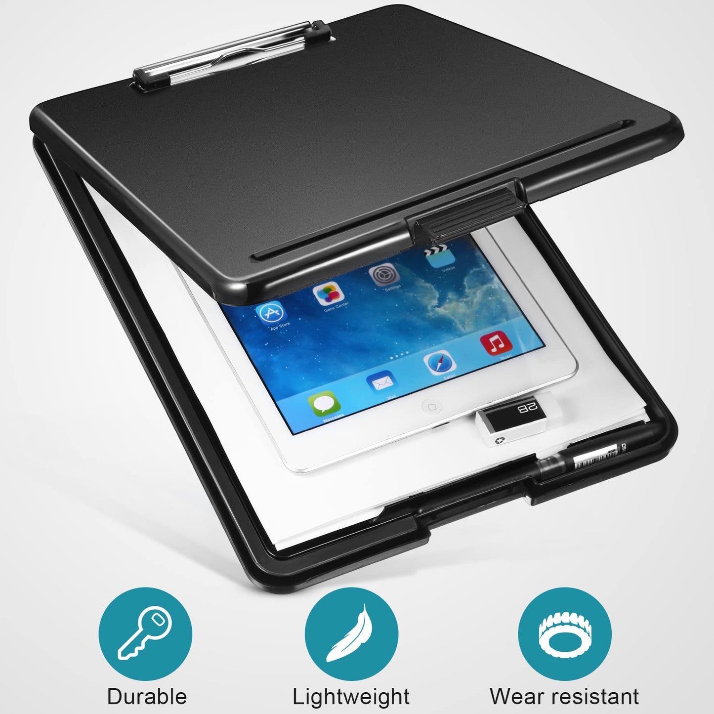 6 Pieces Clipboard with Storage, 9.5 x 13.5 Heavy Duty Plastic Storage Clipboard, Nursing Foldable Clip Board with Compartment and Metal Clip for Nurse Teacher Student Classroom Office (Black)