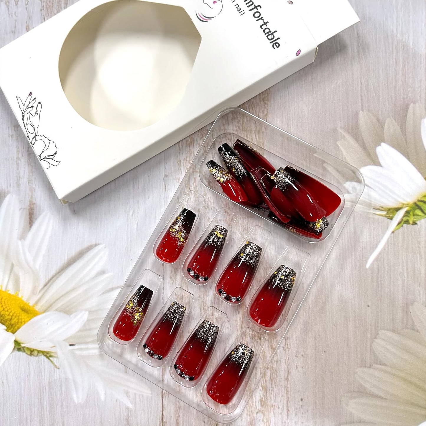 CJDLTS French Tip Press on Nails Medium Rhinestones False Nails Gold Glitter Powder Design Coffin Nails Black Red Gradient Fake Nails Artificial Nails Acrylic Stick on Nails Press Nails for Women