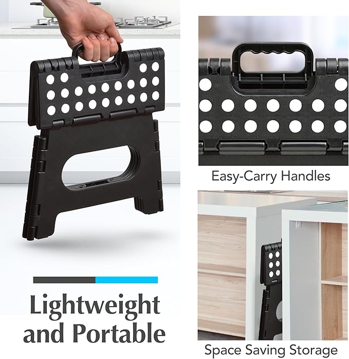 Handy Laundry Folding Lightweight Step Stool - Sturdy Enough to Support Adults and Safe Enough for Kids - Opens Easy with One Flip - Great for Kitchen, Bathroom or Bedroom (Black - 8 Inch)