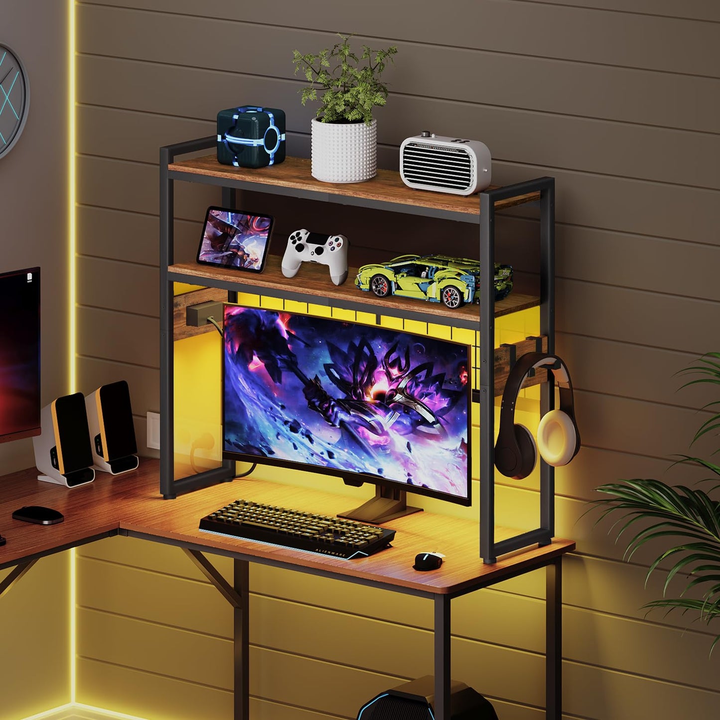 HOOBRO Desktop Bookcase, 2-Tier Desktop Organizer, 29.9" Wooden Office Storage Rack with Outlets, Display Shelf Rack with Light Strip, Desk Hutch for Office, Rustic Brown BF11UDSJ01