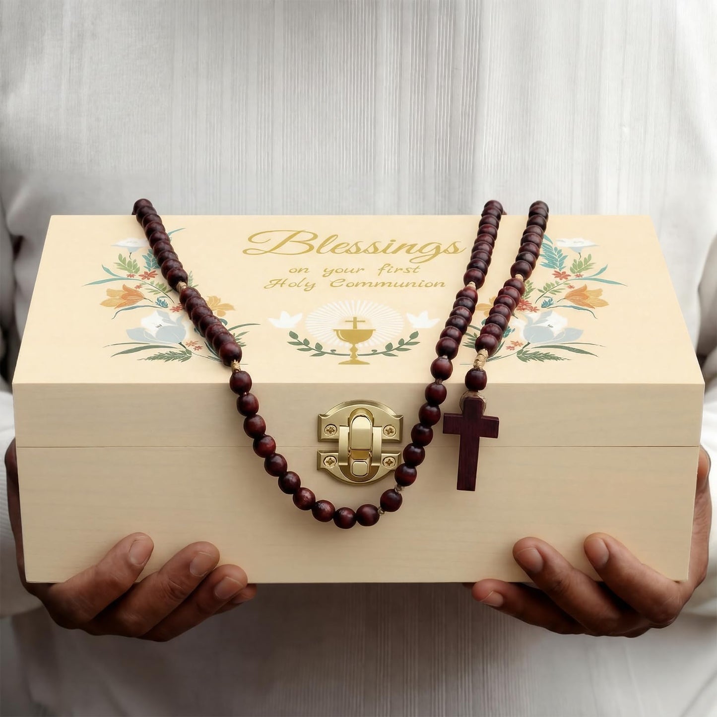 CroBlissful First Communion Wooden Box Keepsake Baptism Memory Box Gift 8.6 x 5.1 x 2.4 Inches First Holy Communion Jewelry Storage for Baptism Memory Keepsake(Floral)