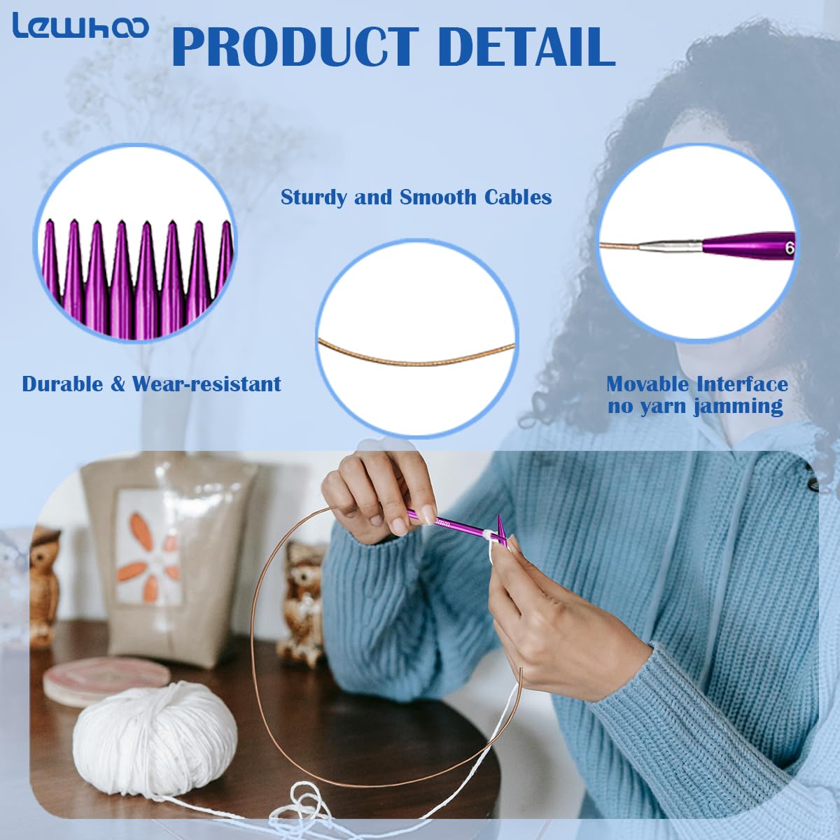 Lewhoo Circular Knitting Needles Set with 4 Cables, 9 Pair Short Aluminum Knitting Needle with Case 3.0~6.0mm Purple