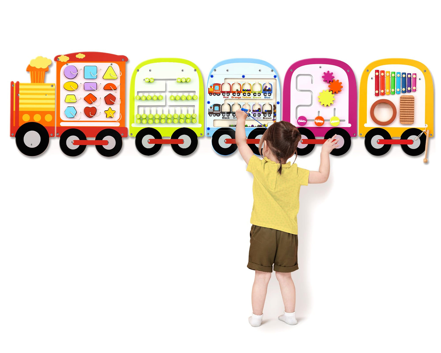 Joyreal Train Activity Wall Busy Board Panels - 8-in-1 Toddler Learning Activity Center - Wooden Montessori Sensory Toys for Playroom, Daycare, Classroom - Educational Toy for All-Round Development