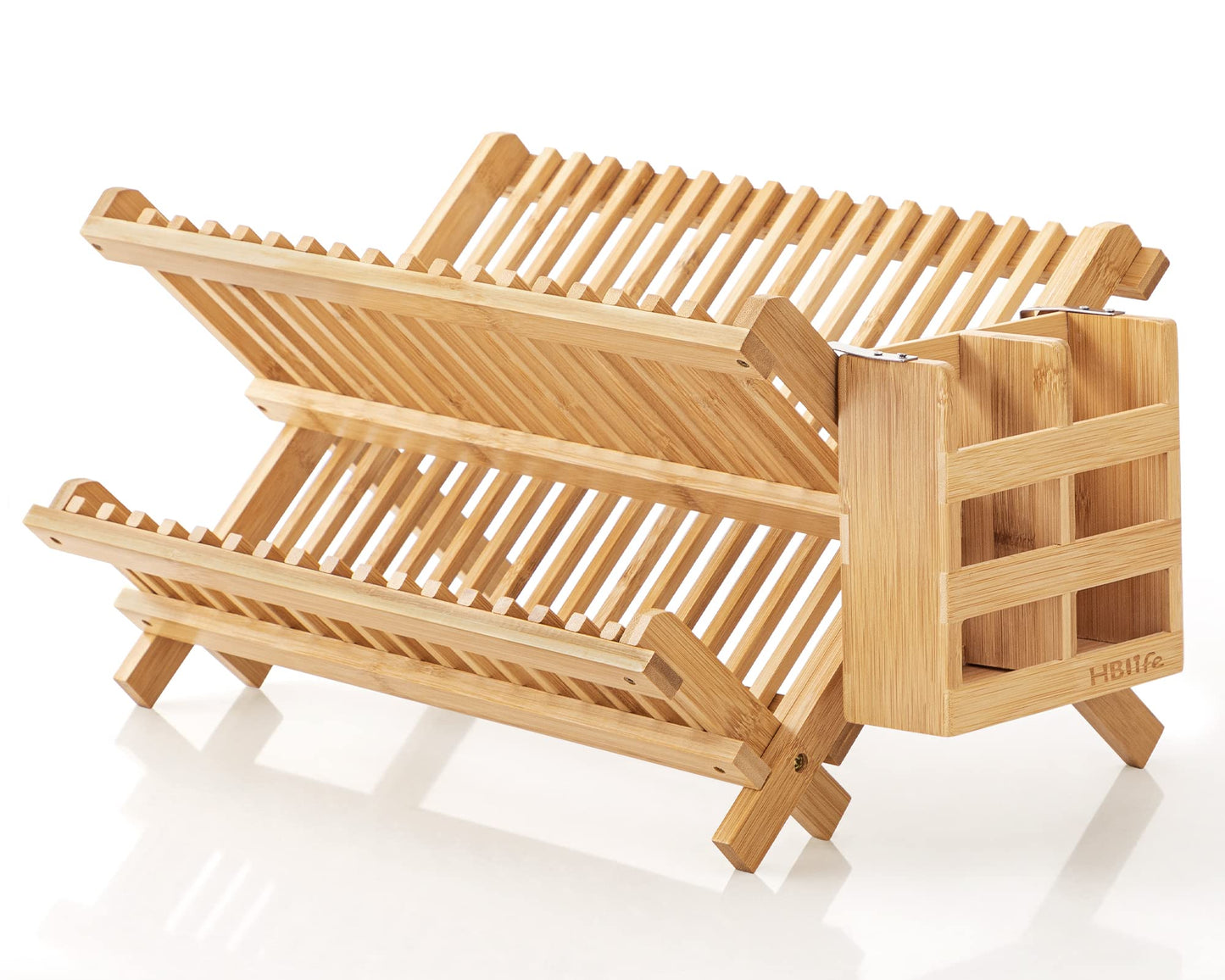 HBlife Dish Rack, Bamboo Folding 2-Tier Collapsible Drainer Dish Drying Rack with Utensils Flatware Holder Set (Dish Rack with Utensil Holder)