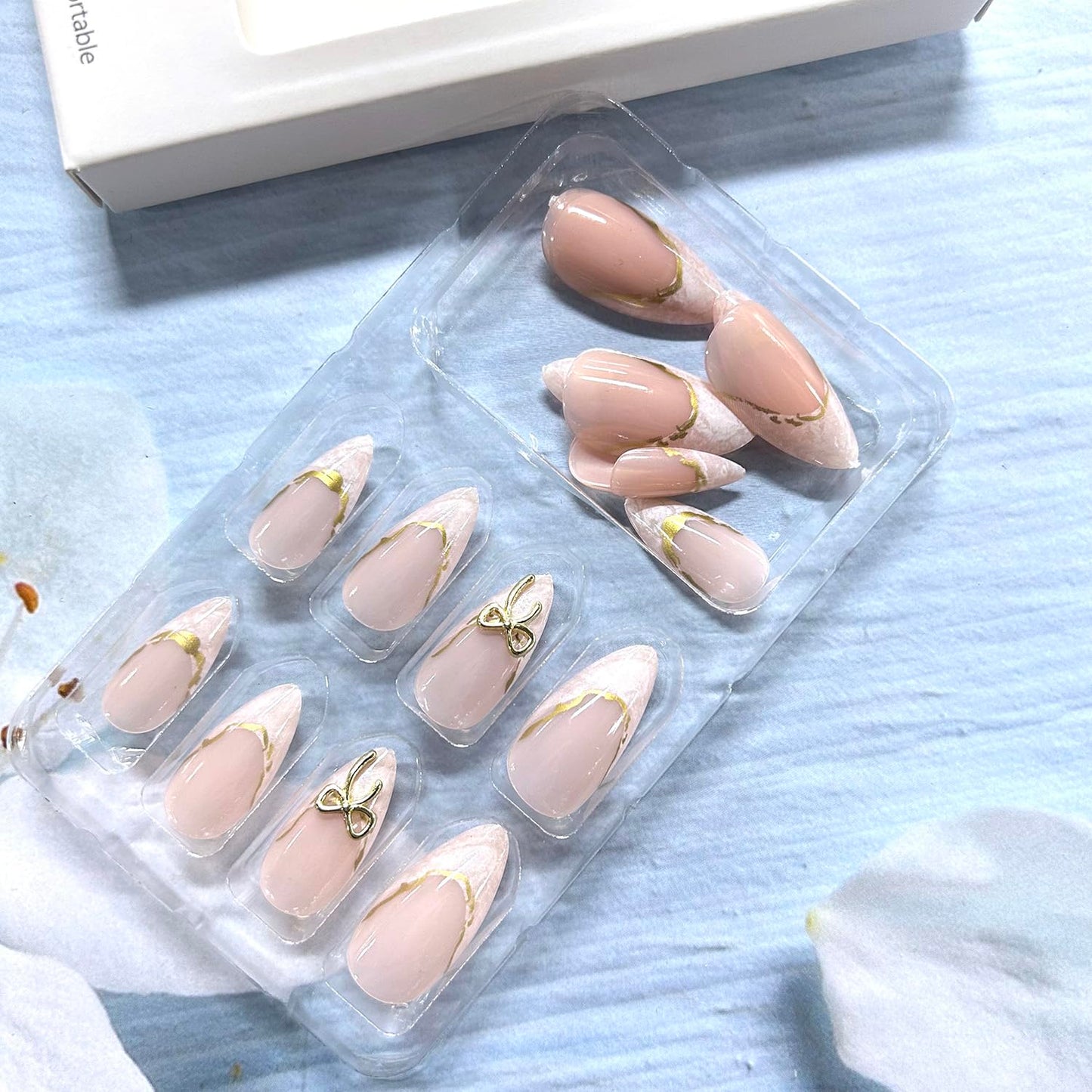 CJDLTS French Tip Press on Nails Medium Almond Shaped Gold Bow Design Nude Pink Acrylic False Nail Full Cover Glossy Artificial Fingernails Almond Tip False Nail DIY Glue on Nails for Women 24Pcs