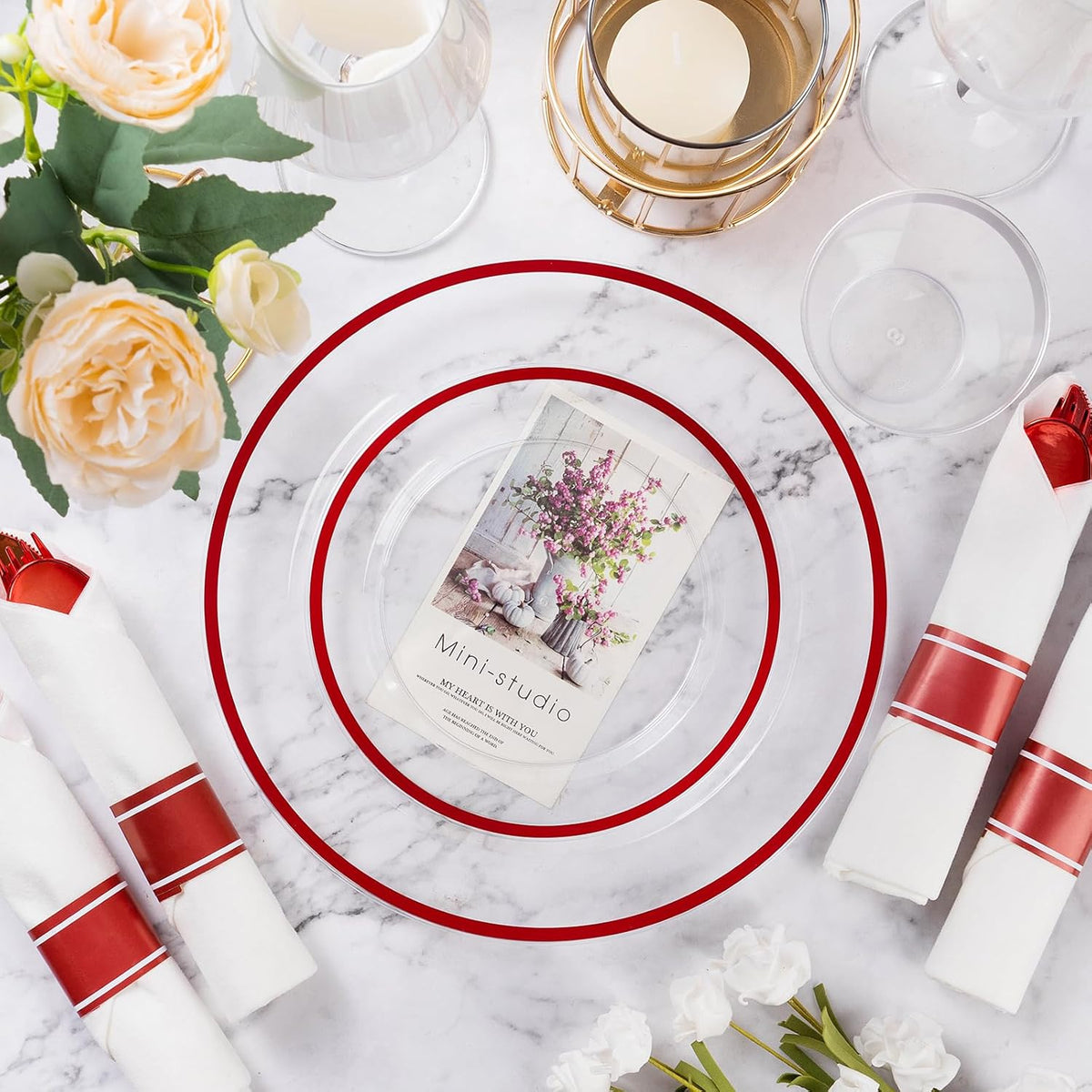 Goodluck 700 Piece Red Plastic Dinnerware Set for Party, Clear Disposable Plates for 100 Guests, Include: 100 Dinner Plates, 100 Dessert Plates, 100 Pre Rolled Napkins with Cutlery Set, 100 Cups