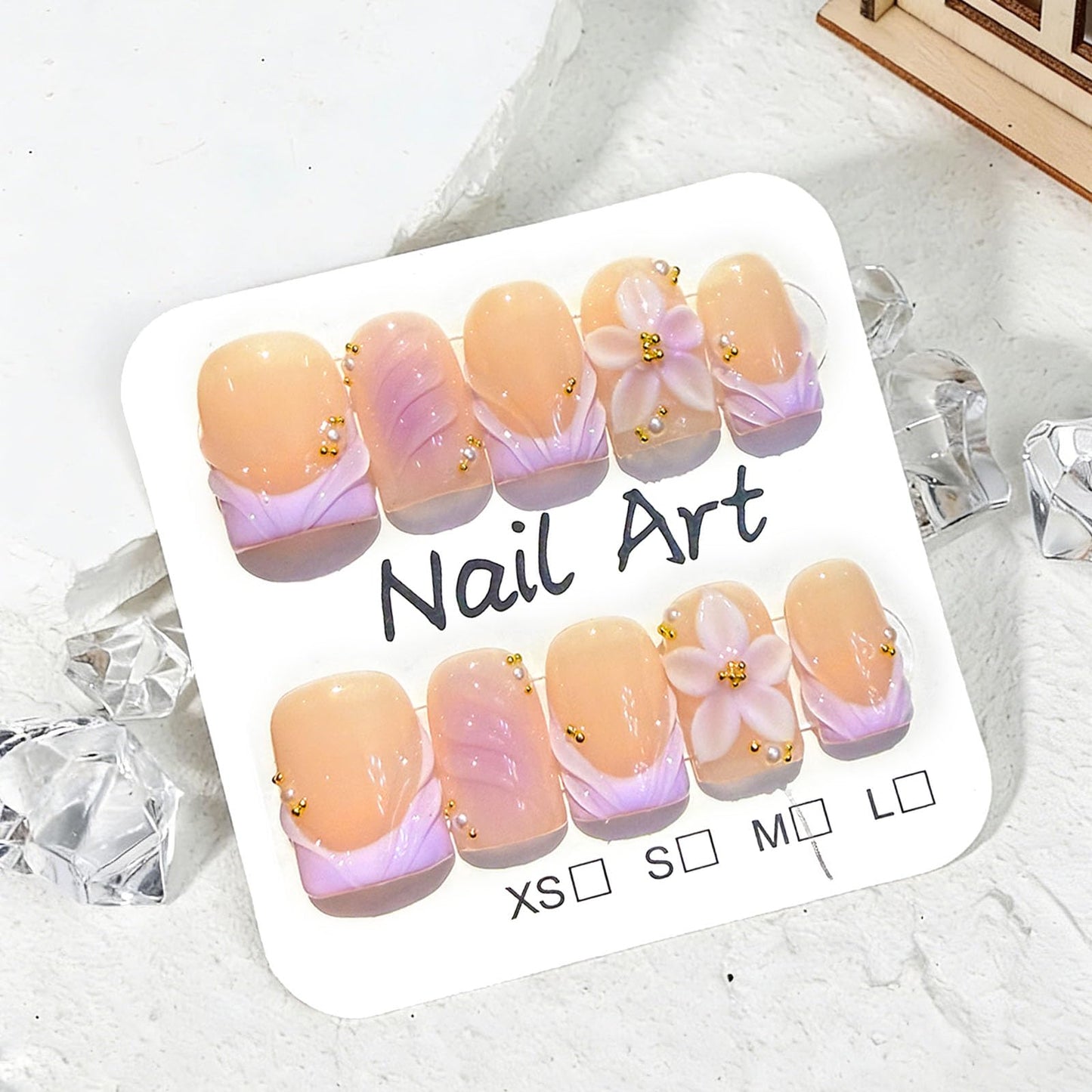 10 Pcs Handmade Press on Nails Short Square Fake Nails with Purple French Tip Design 3D Flower False Nails Nude Acrylic Short Press Ons Nails Square M Size for Women Manicure