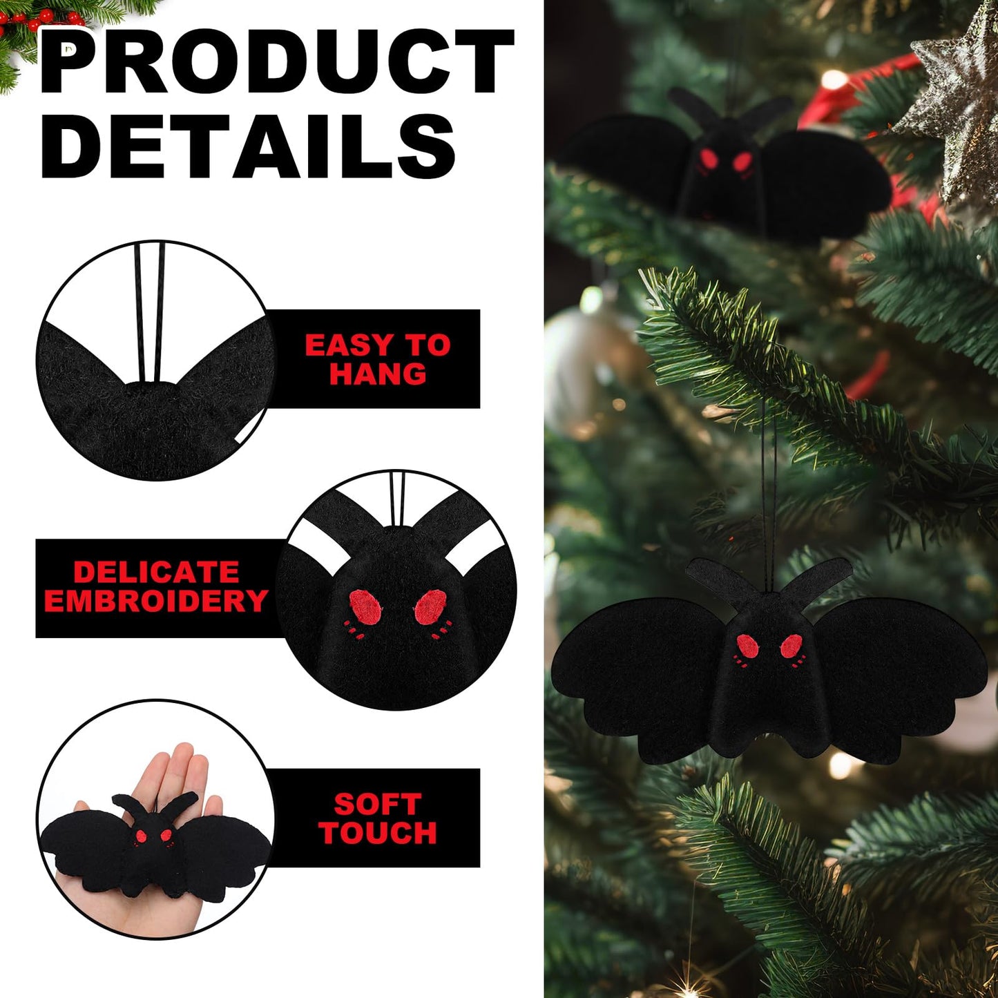 Jenaai 12 Pcs Mothman Christmas Tree Ornament Creepy Goth Stuffed Mothman Animals Decoration Dark Theme Bat Shape for Xmas Tree Fireplace Hanging Home Ornaments Party Gifts