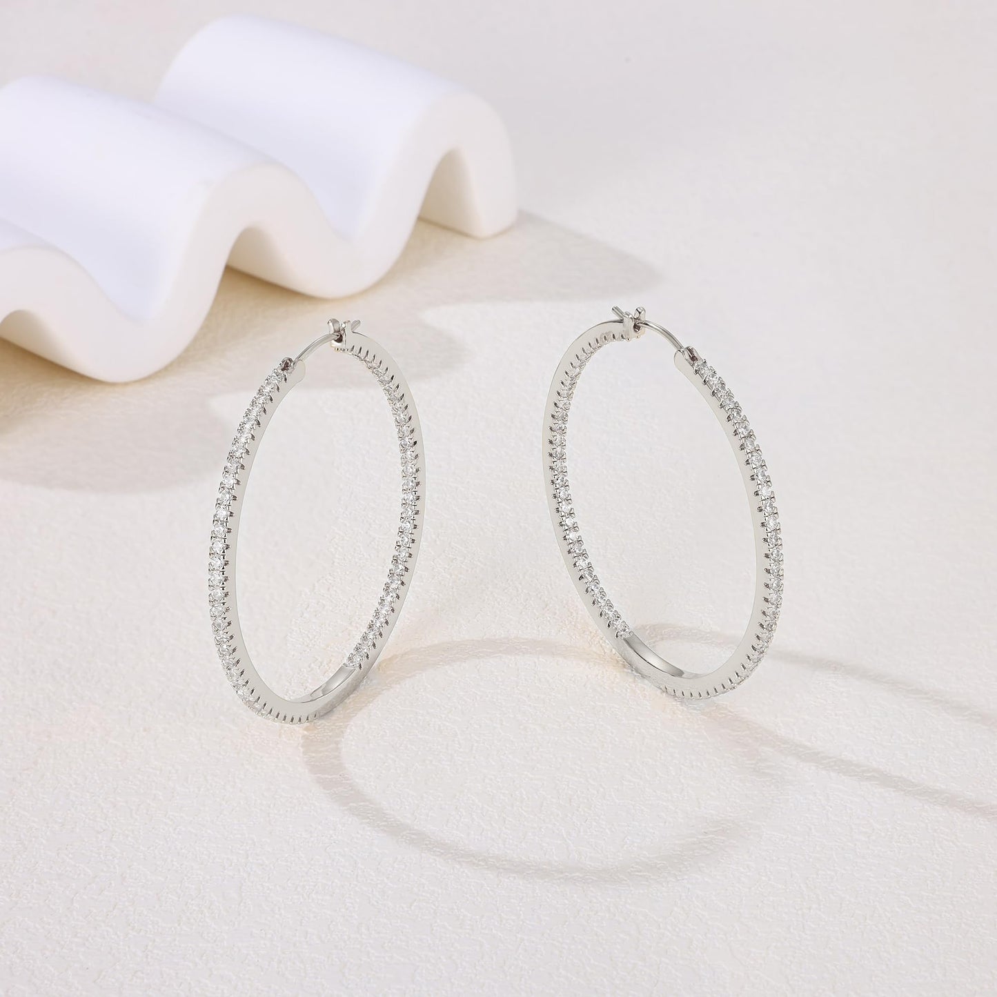 Gacimy Silver Hoop Earrings for Women, 50mm Cubic Zirconia Hoop Earrings, 14K White Gold Plated Brass with 925 Sterling Silver Post