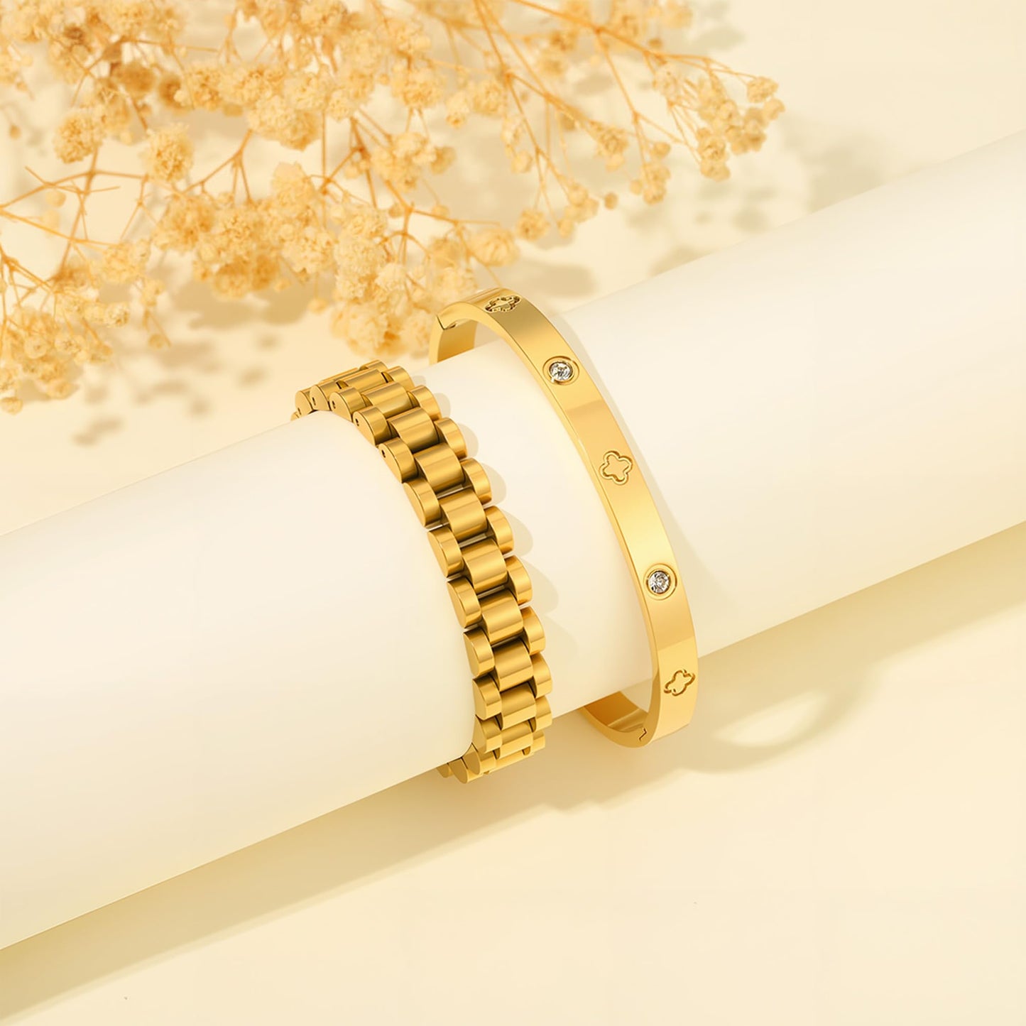 2PCS Gold Chain Link Watch Bracelet Set,18K Gold Plated Stackable Bracelets for Women,Stainless Steel Jewelry with Adjustable Tool, Non-Tarnish Friendship Love Bracelet Gift for Her. (2pcs-C Gold)