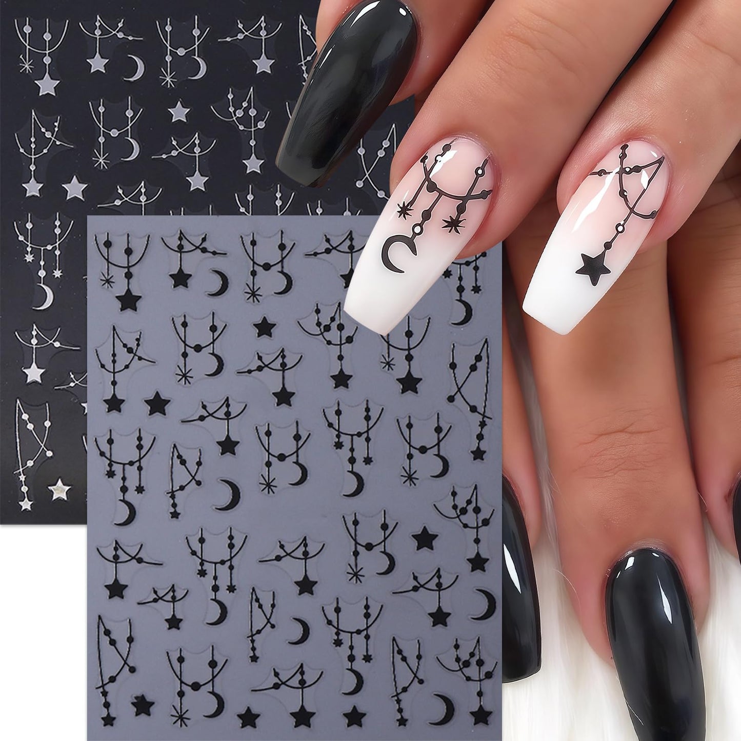 6Sheets Black Silver Line Nail Art Stickers 3D Self-Adhesive Stars Moon Nail Design Decals Y2K Style Nails Supplies Retro Line Moon Star Manicure Accessories for Women Acrylic Nails Salon Decorations