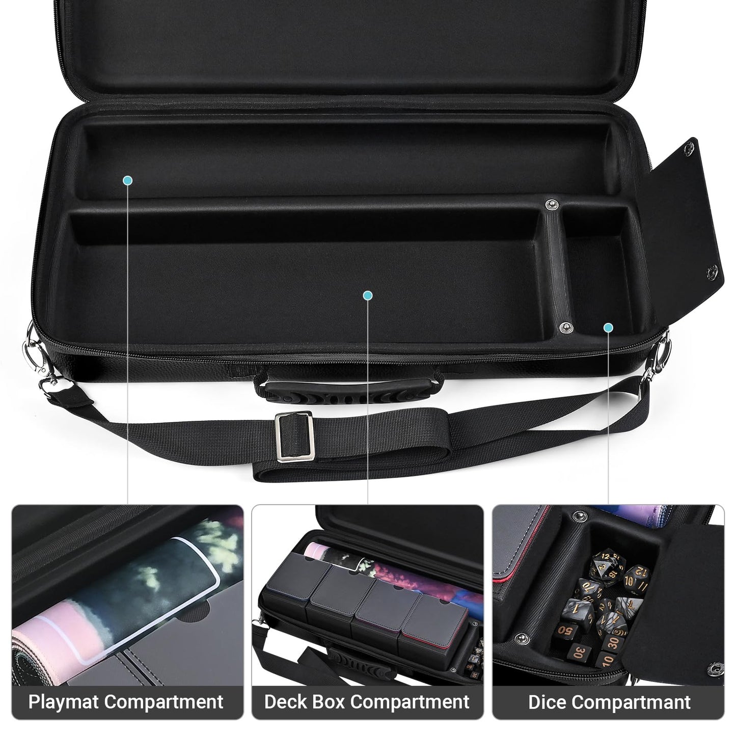 Playmat & Deck Box Carrying Case – For TCG/CCG/MTG Gamemat with 4 Deck Boxes, 3 Compartments for Playmat, Deck Box and Dice, with Adjustable Shoulder Strap, Handle, Fits 14",15”,16" Playmats Black
