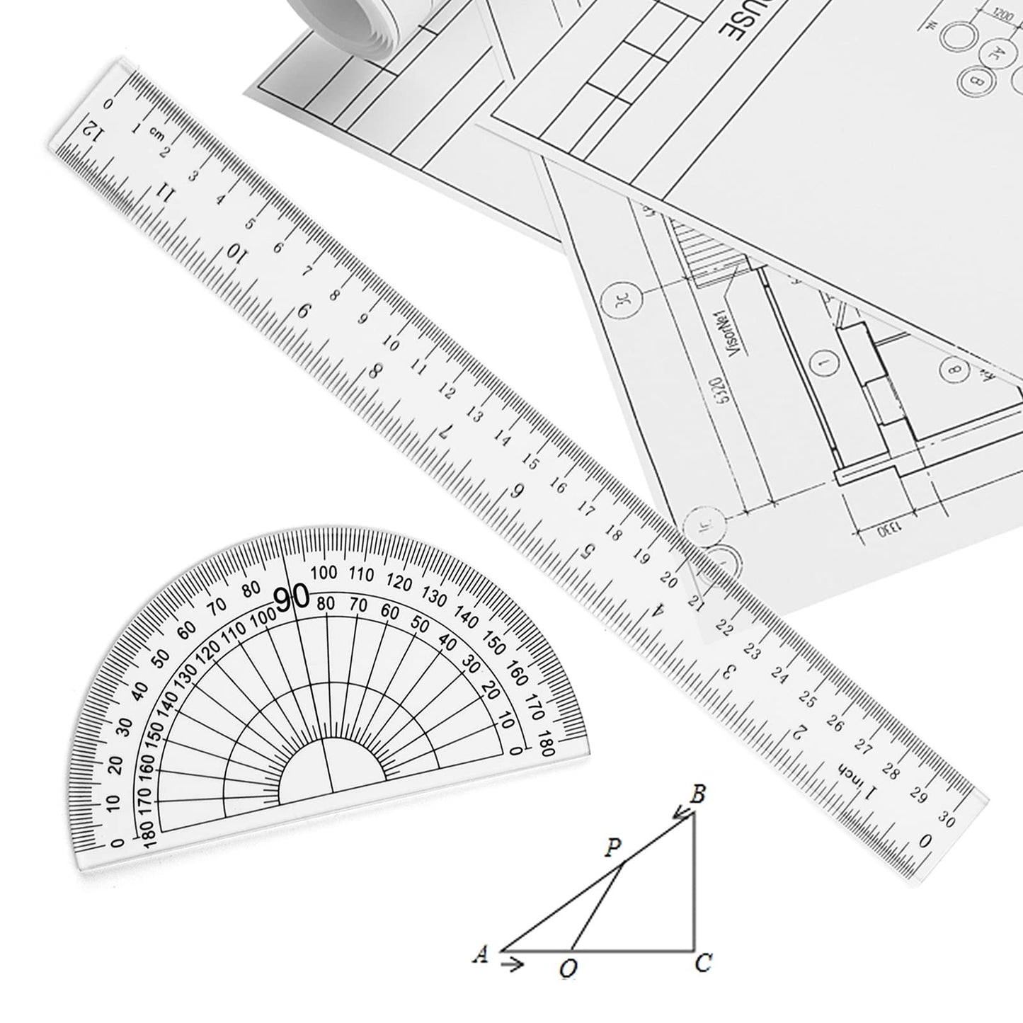 Coopay 12 Inch Math Geometry Tool Plastic Ruler Square Set Includes Straight Ruler, Triangles, Protractor for Student School Office Supplies (Clear)