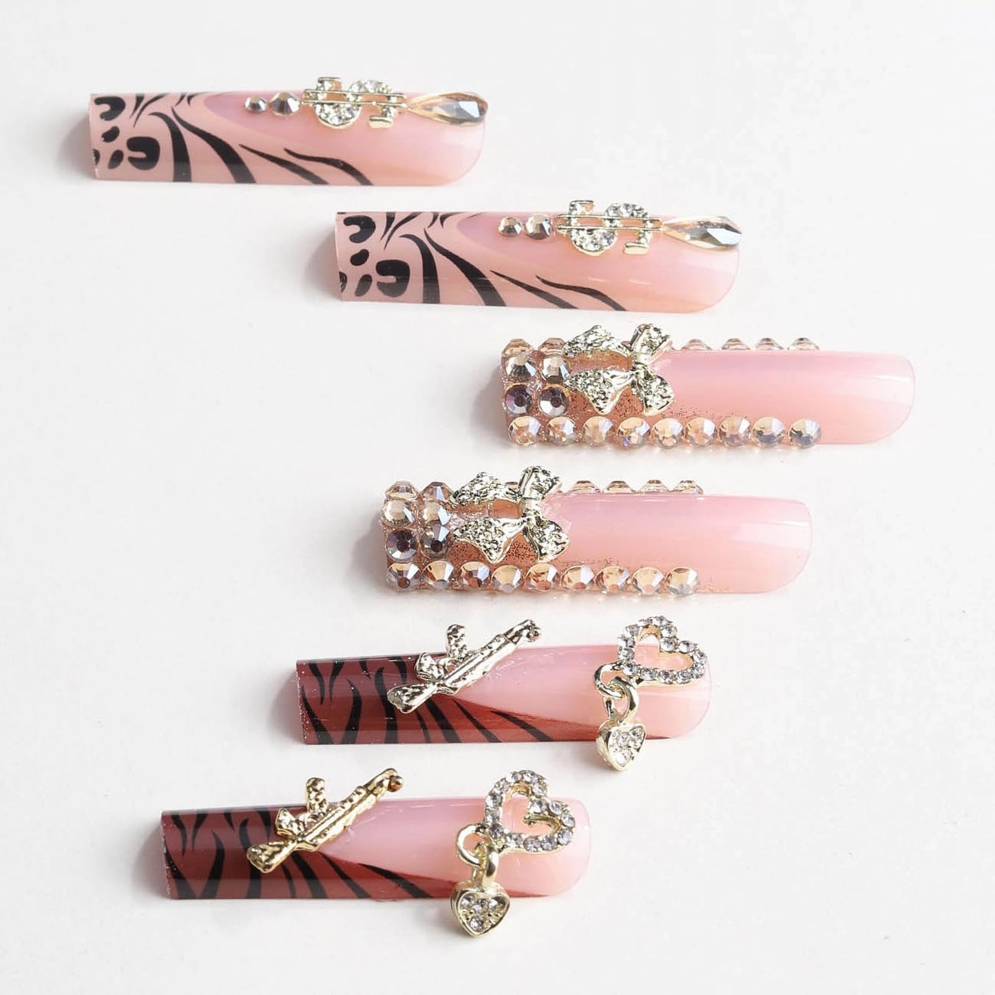 MISUD Press on Nails - Extra Long Square Glue on Nails with Fall Brown, Acrylic Money Charms Design 24 pcs