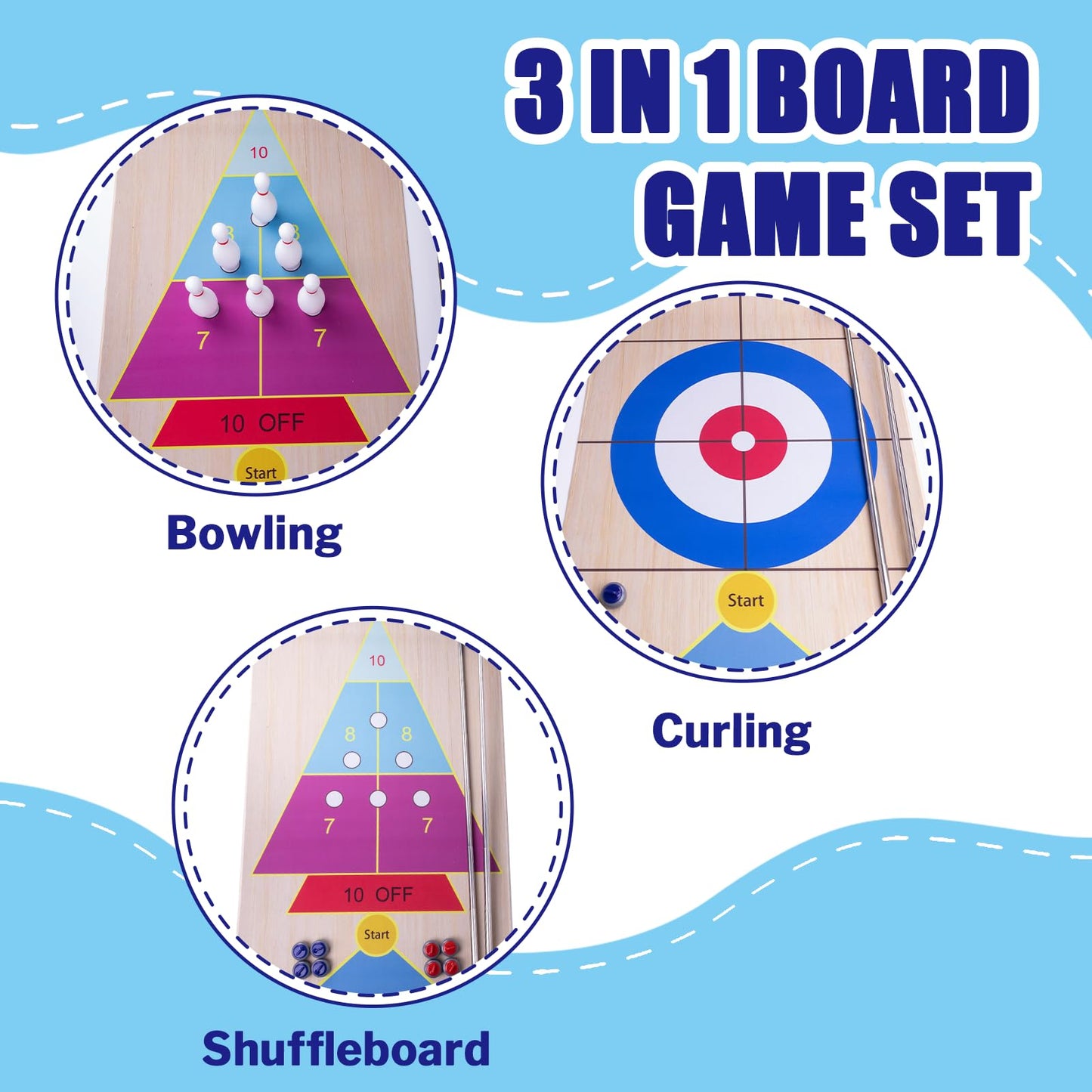 WodGod 11.8’L Shuffleboard, Curling and Bowling 3 in 1 Board Game Set,with 11.8 Foot Game Mat,2 Cues,8 Curling Rocks,6 Bowling Pins,Fun Family Game
