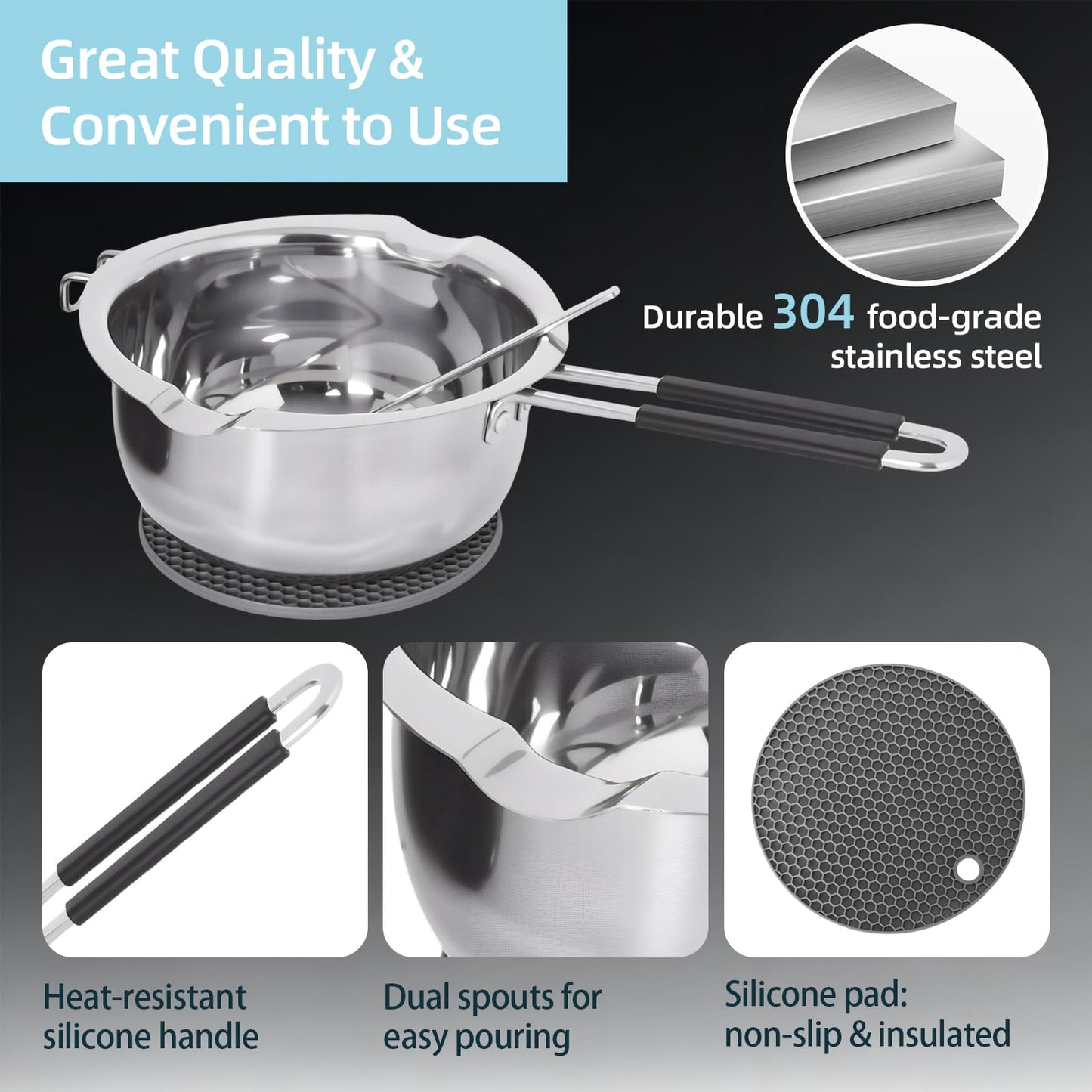 Hehinton Professional Double Boiler Pot 1200ML/40.6OZ, 304 Stainless Steel Chocolate Melting Pot with 1000W Electric Hot Plate, Multi-Functions Warming Melting Pots for Wax Soap Base Candy Cheese Butter