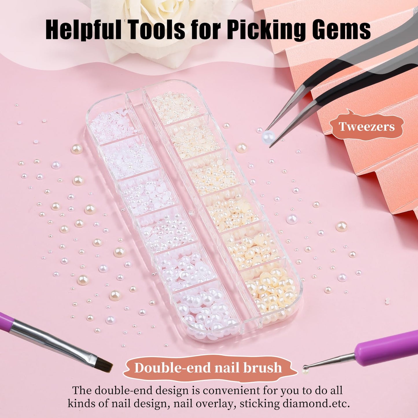 2100Pcs Flatback Nail Pearls Gems, 1.5-5mm White Beige Beads Half Round Nail Charms Beads with Pickup Pencil and Tweezers for Crafting Face Hair Manicure (11-K1-half-pearls-beige-white)