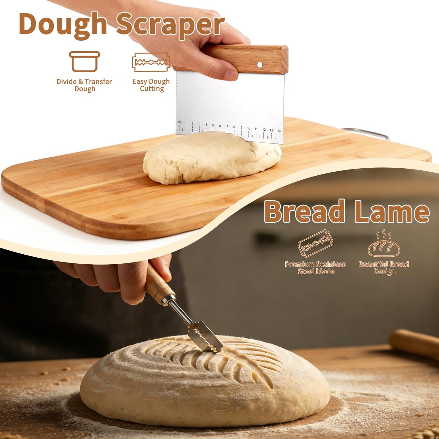 Fvbber Danish Dough Whisk Set 7 Piece with Wooden Handle - Sourdough Baking Supplies Kit Includes Bread Whisk, Scoring Tool, Dough Scraper, Baking Mat & Pastry Brush - Top Gadgets for Bakers