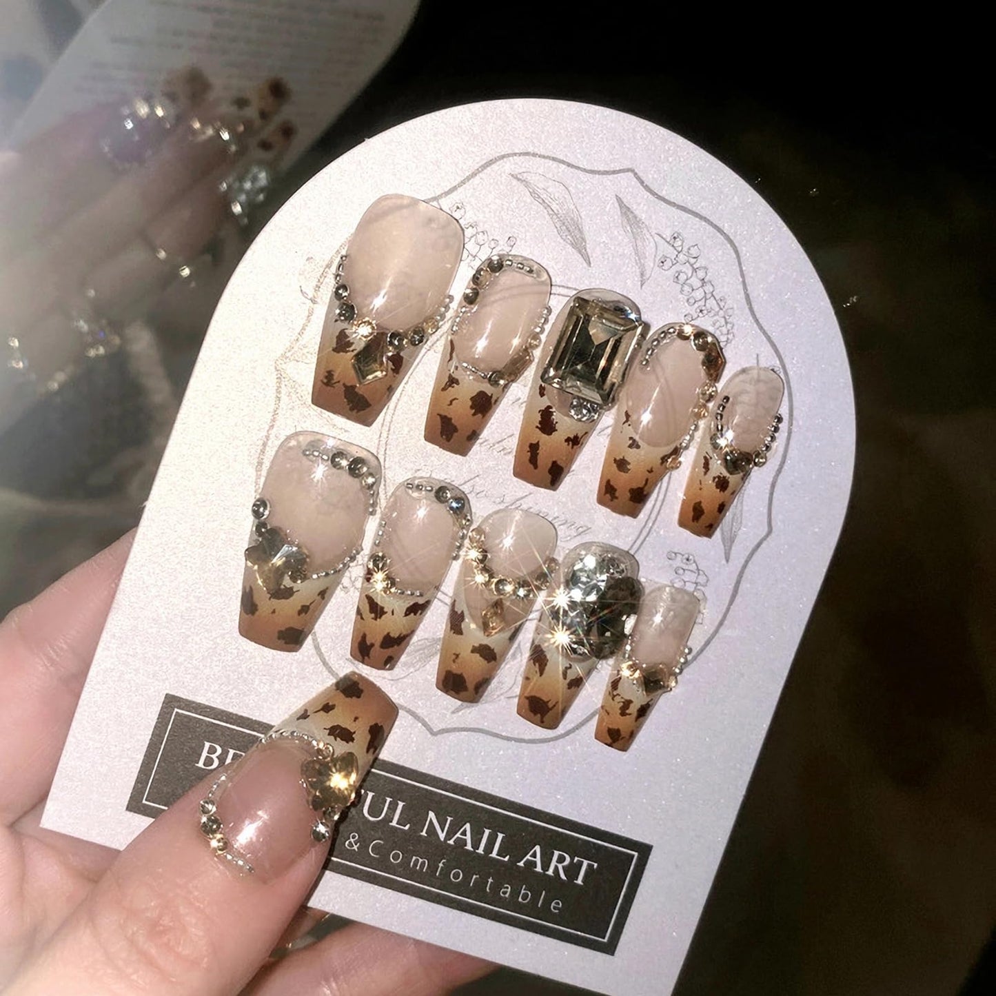 MISUD Press on Nails - Long Coffin Fake Nails with Fall Brown Cheetah, Acrylic Rhinestone Design 24 pcs