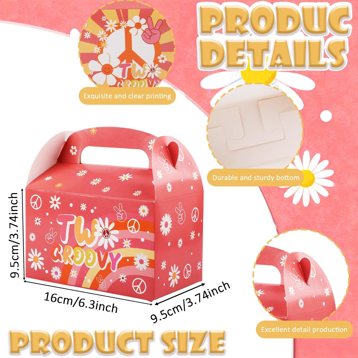 Sumalon 30 Pcs Party Favor Boxes With Handles, 6.3 Inch Foldable Paper Treat Boxes Candy Boxes, Gift Boxes Goodies Boxes for Birthday, Shower, Wedding, Party Supplies Decorations (Daisy)