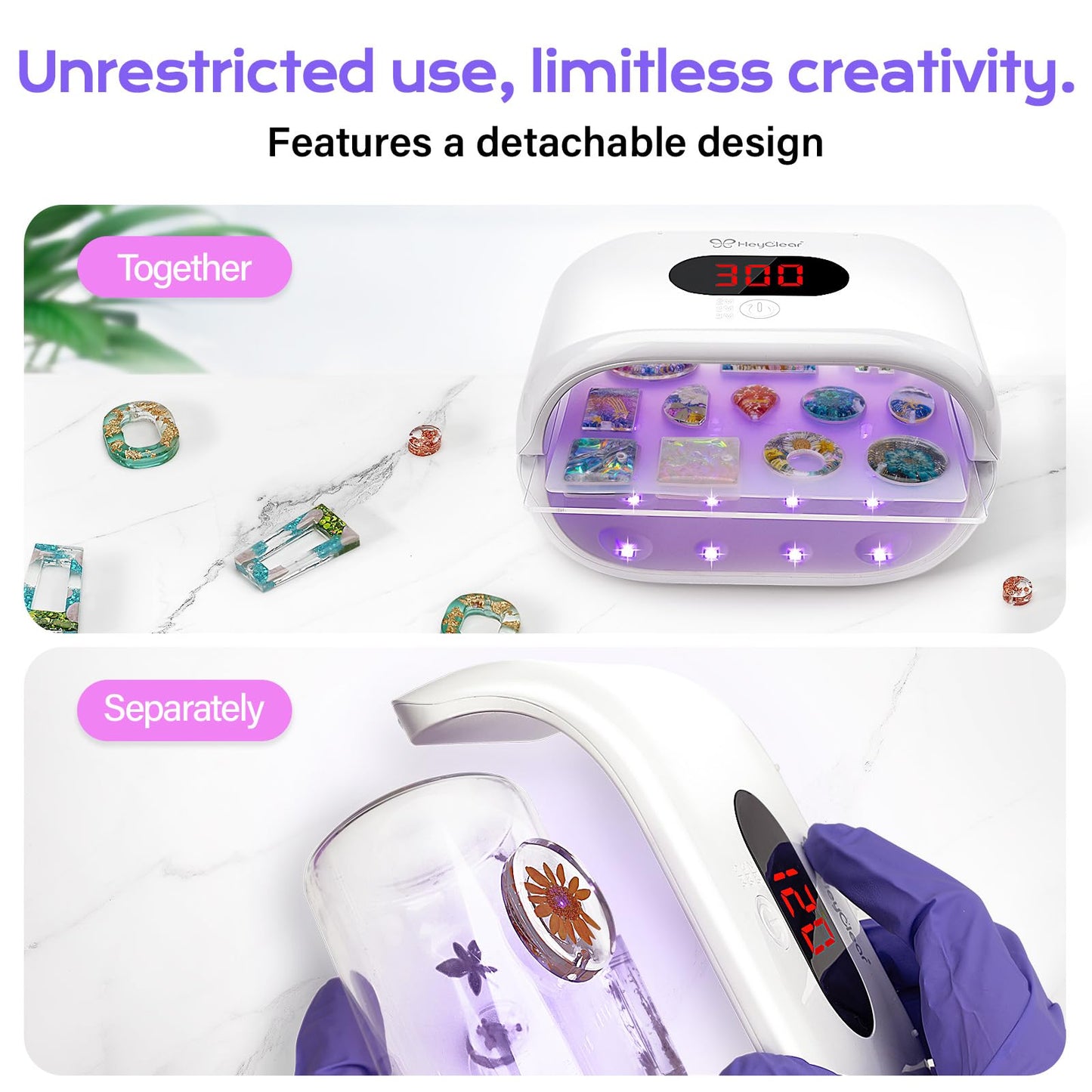 HeyClear UV Light for Resin, Large Double-Sided UV Lamp | 2-in-1 Detachable, Resin Fast Curing Machine with 360° Coverage for Resina Molds, DIY Crafts & Decor, Jewelry Making