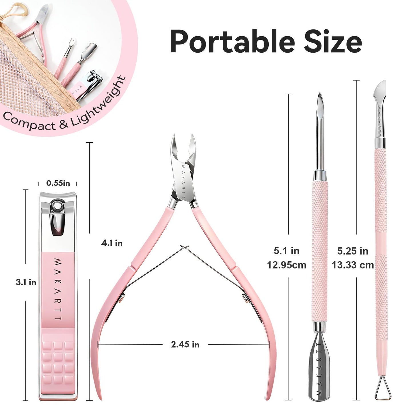 Makartt Cuticle Trimmer Set with Professional Cuticle Nipper, 2 Cuticle Pushers & Nail Clipper, Stainless Steel Pink Manicure Tools Kit for Women, Sharp, Ergonomic & Portable