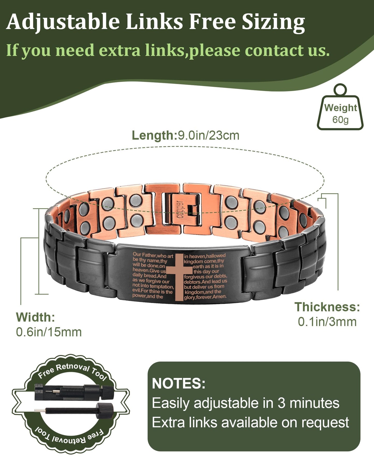 Fashtour Copper Cross Bracelet for Men - Ultra Strength Magnetic Mens Cross Jewelry Set - Adjustable Magnetic Bracelet with Sizing Tool Jewelry Box(Black)