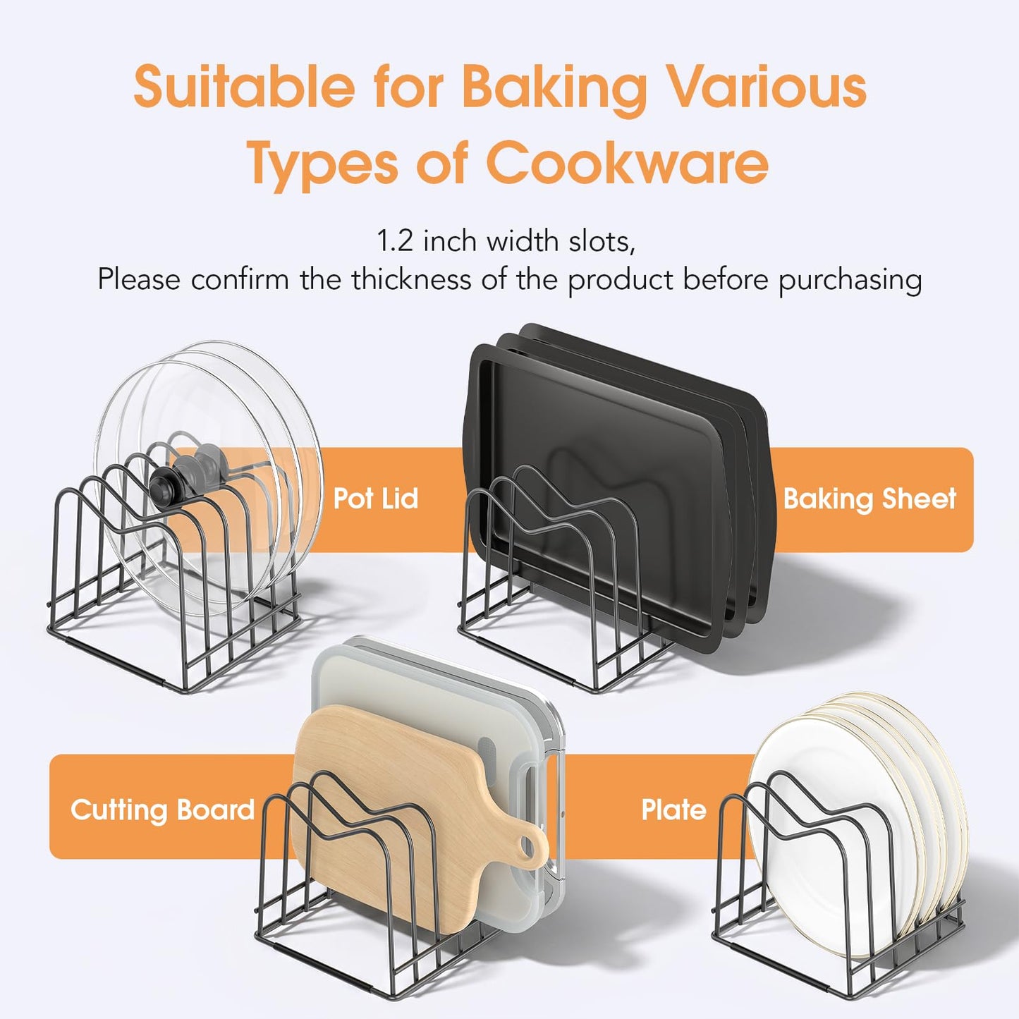 ORDORA Cutting Board Holder Stand Rack Organizer for Cabinet, 5mm Wire Storage Rack for Countertop, Baking Cookie Sheet Pan Organizer inside Cabinet, Chopping Board Holder for Pots, Lids and Skillets