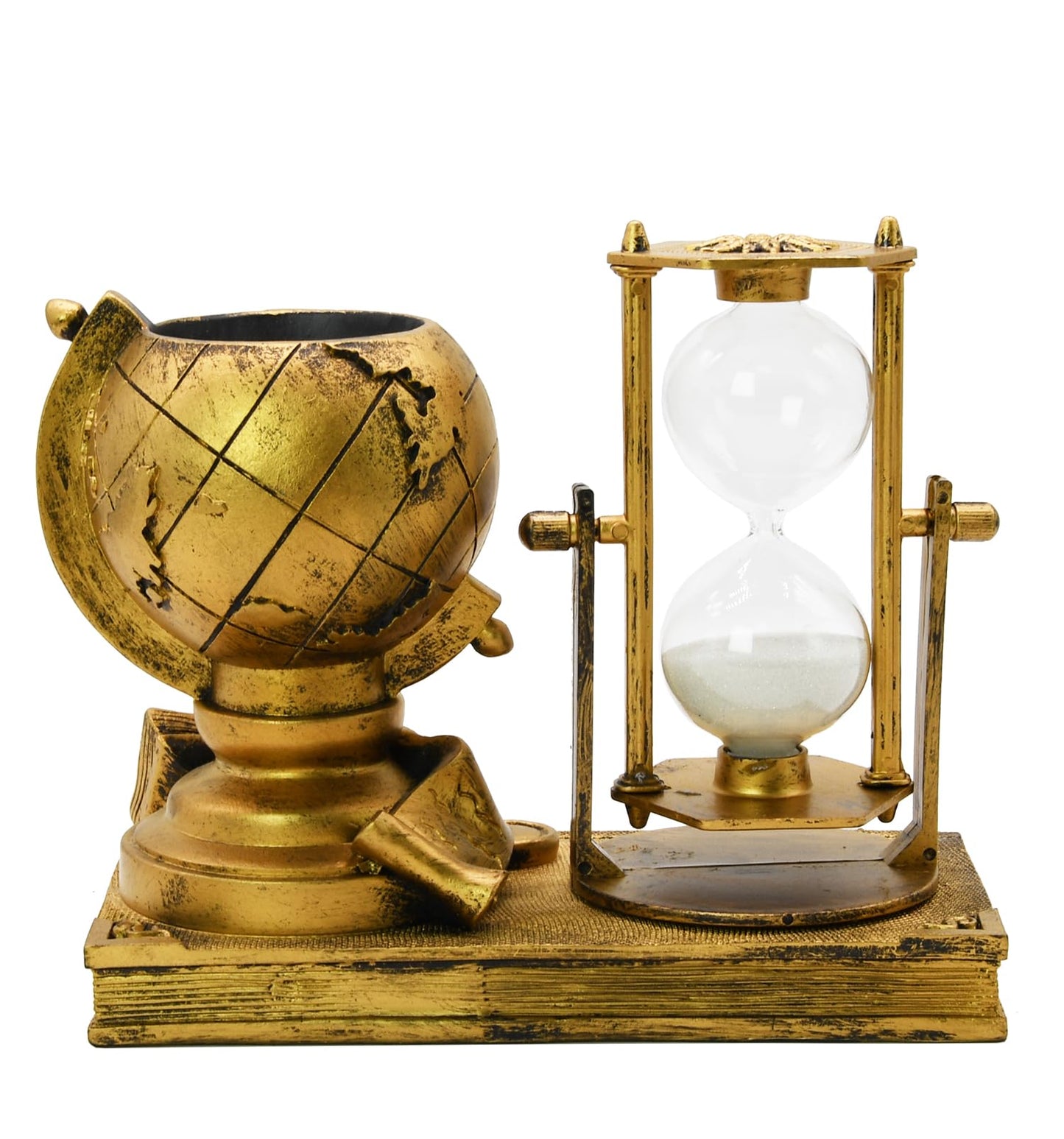 Globe-Themed Pencil Holder with Hourglass, Resin Desktop Organizer for Office & Study, Pen Holder with Sand Timer, Classic Globe Addition Scissors Storage, Artistic Gift for Travel Lovers