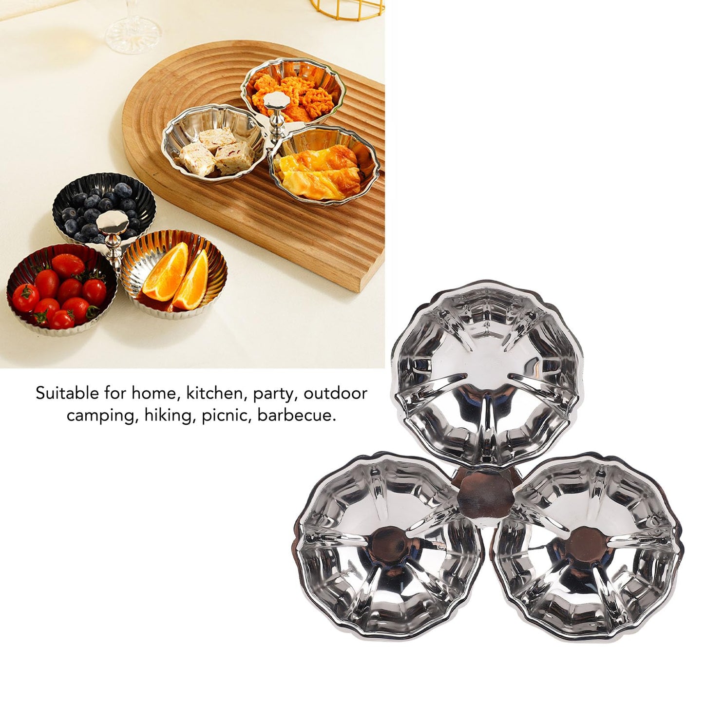Nurnesy Stainless Steel 3 In 1 Serving Plate with Fruit Bowl, Snack Plate for Home Kitchen Party, Reusable Dessert Plates for Quick Cleanup, Ideal Present for Housewarming Parties