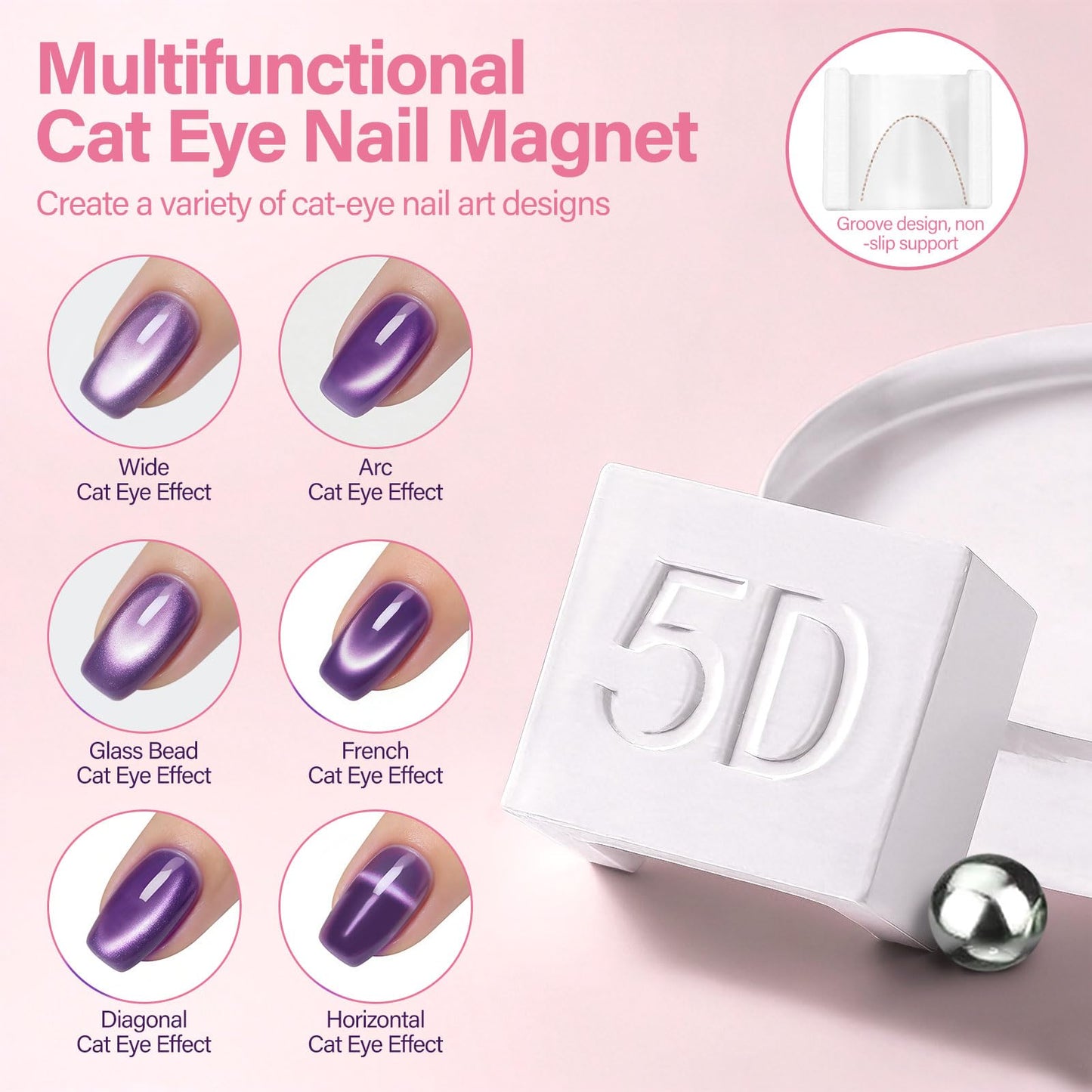 EBANKU Cateye Magnet Set for Nails, 5D Automatic U-Shaped Nail Art Magnet Tool with Ball Magnet, 3 IN 1 Magnets Pen Heart French Flower Black Hole Multi Effect Nail Art Designs Home DIY Salon Use