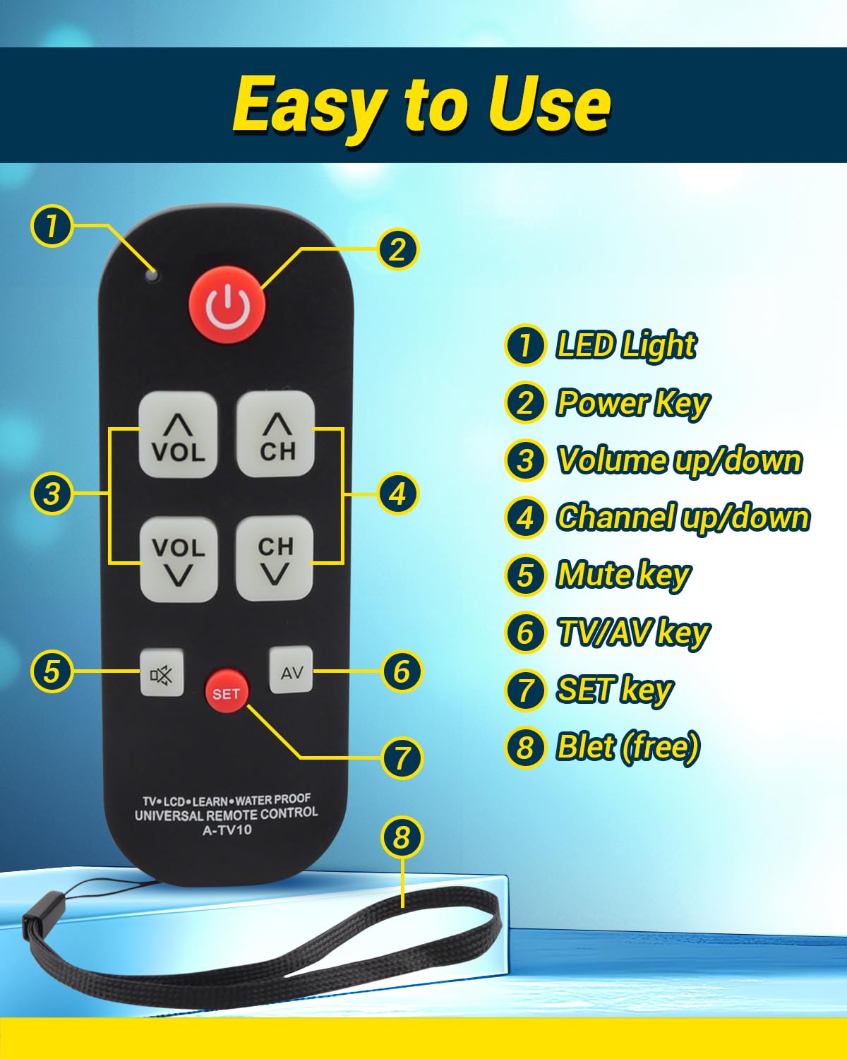 FurnyQuaint Big Button TV Remote Waterproof Control Remoto Universal para TV with Glow Keys for Seniors with Learning Functions Easy to Use and Set Up for Smart TV & Cable Box Controller