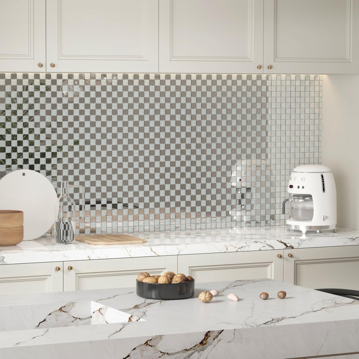 Adedeo Crystal Diamond Mirror Mosaic Tile Square Glass Mosaic Tile for Kitchen Backsplash Bathroom Wall (6 Sheets, Silver Square Flat Mirror)