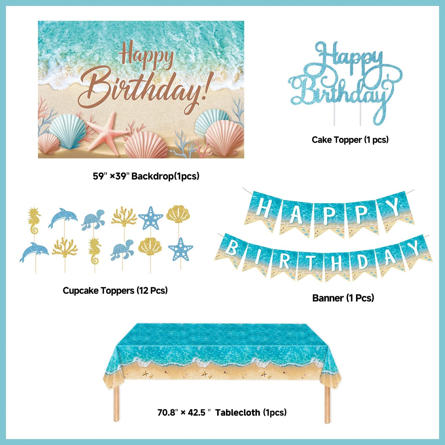 Beach Birthday Party Decorations, Ocean Waves Birthday Supplies - Under the Sea Balloons, Ocean Backdrop, Beach Tablecloth, Bubble Garland, Seashell Banner, Sea Creatures Cake Toppers