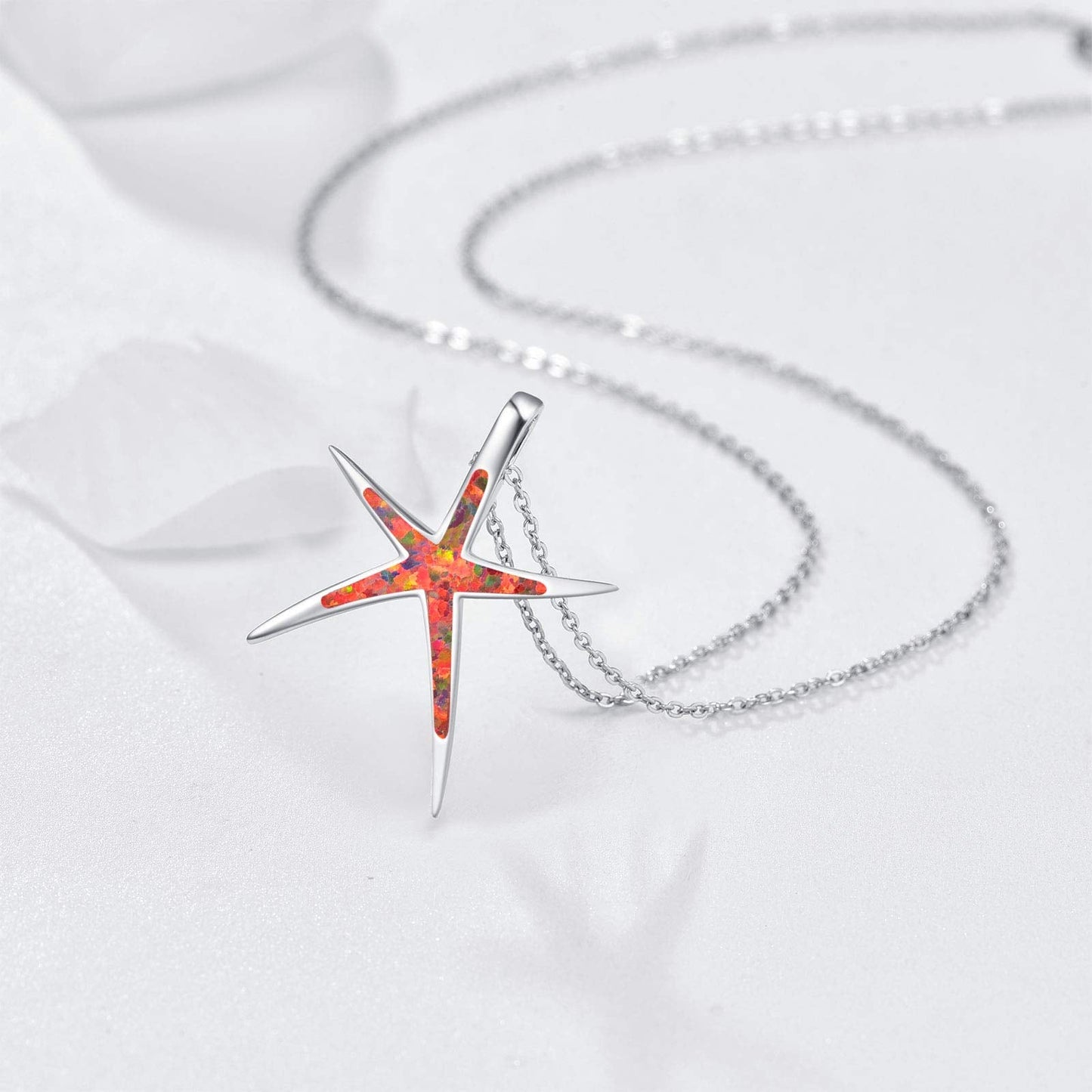 Cuoka Fire Opal Necklace 925 Sterling Silver Starfish Pendant Nautical Beach Sea Ocean Jewelry Valentine Gift for Women Girlfriend with Box