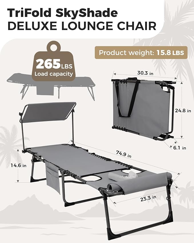 KingCamp Tanning Chair with Face Hole, Lounge Chairs Outdoor Folding Comfy Adjustable 5-Position Foldable Chaise Chaser with Canopy Shade for Outside Beach Patio Sun Bathing Pool, Grey