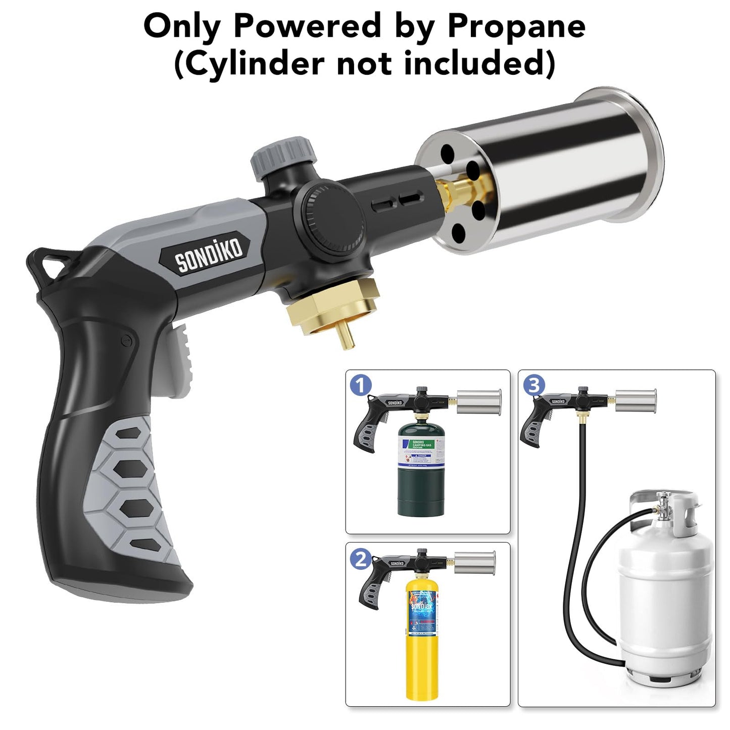 Sondiko Powerful Grill & Cooking Propane Torch L8010, Sous Vide, Welding Torch, Adjustable Wood Torch Burner for Searing Steak, BBQ, Campfire Starter(Black, Grey) Propane Tank Not Included