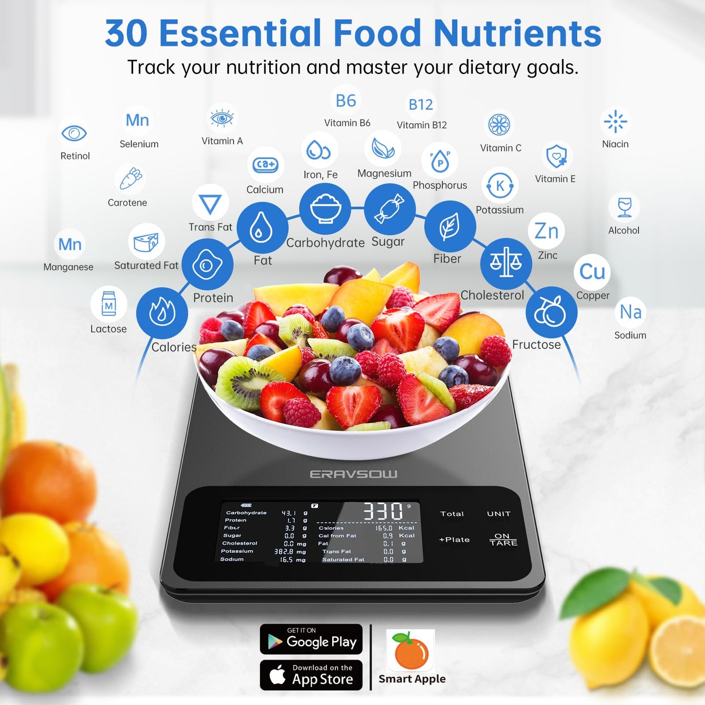 Smart Food Kitchen Scale with Nutritional Calculator, 30 Nutrients App for Tracking Calories, Fat, Carbs & Protein, Personal Goals and Daily Reports, On-Screen Nutrient Info, 22lb/10Kg