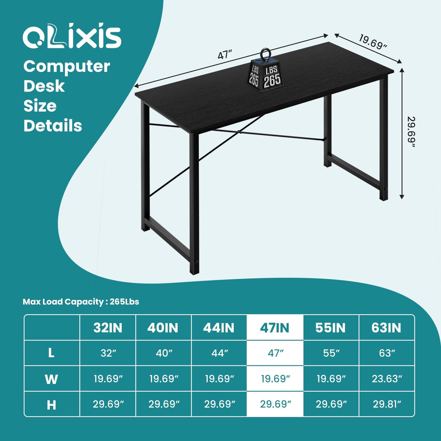 OLIXIS 47 Inch Home Office Desk, Small Computer Work Table with X-Shaped Reinforcement, Home Simple Modern Writing Study Table, Black