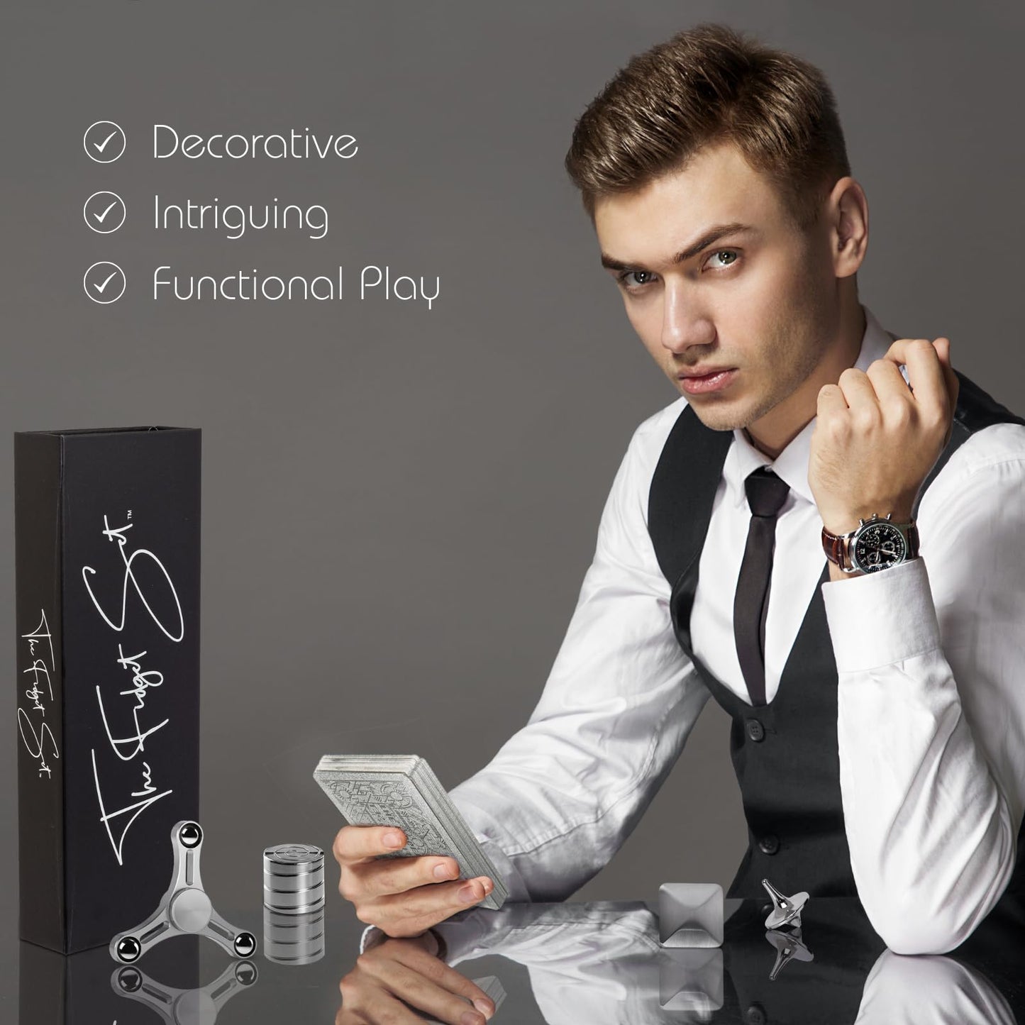 The Fidget Set Classic Edition Metal Fidget Toys for Adults with Anxiety, ADHD Tools for Adults | Office Desktop Gifts for Him